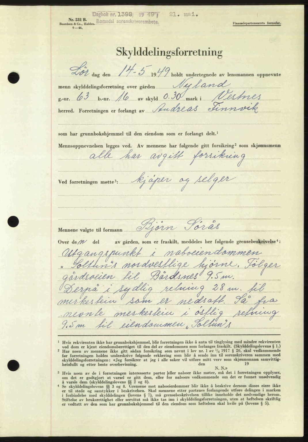 Romsdal sorenskriveri, AV/SAT-A-4149/1/2/2C: Mortgage book no. A29, 1949-1949, Diary no: : 1398/1949