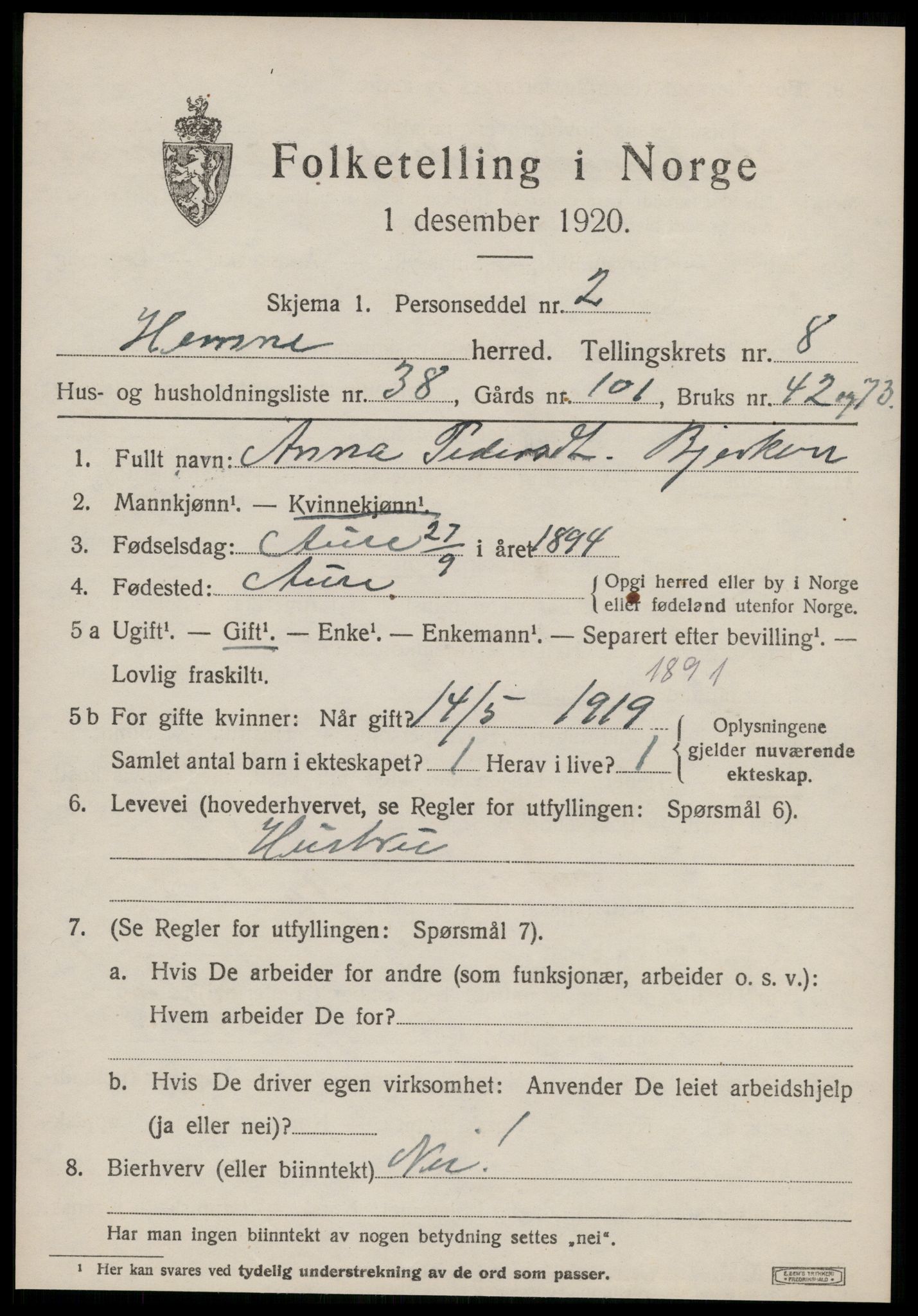 SAT, 1920 census for Hemne, 1920, p. 5188