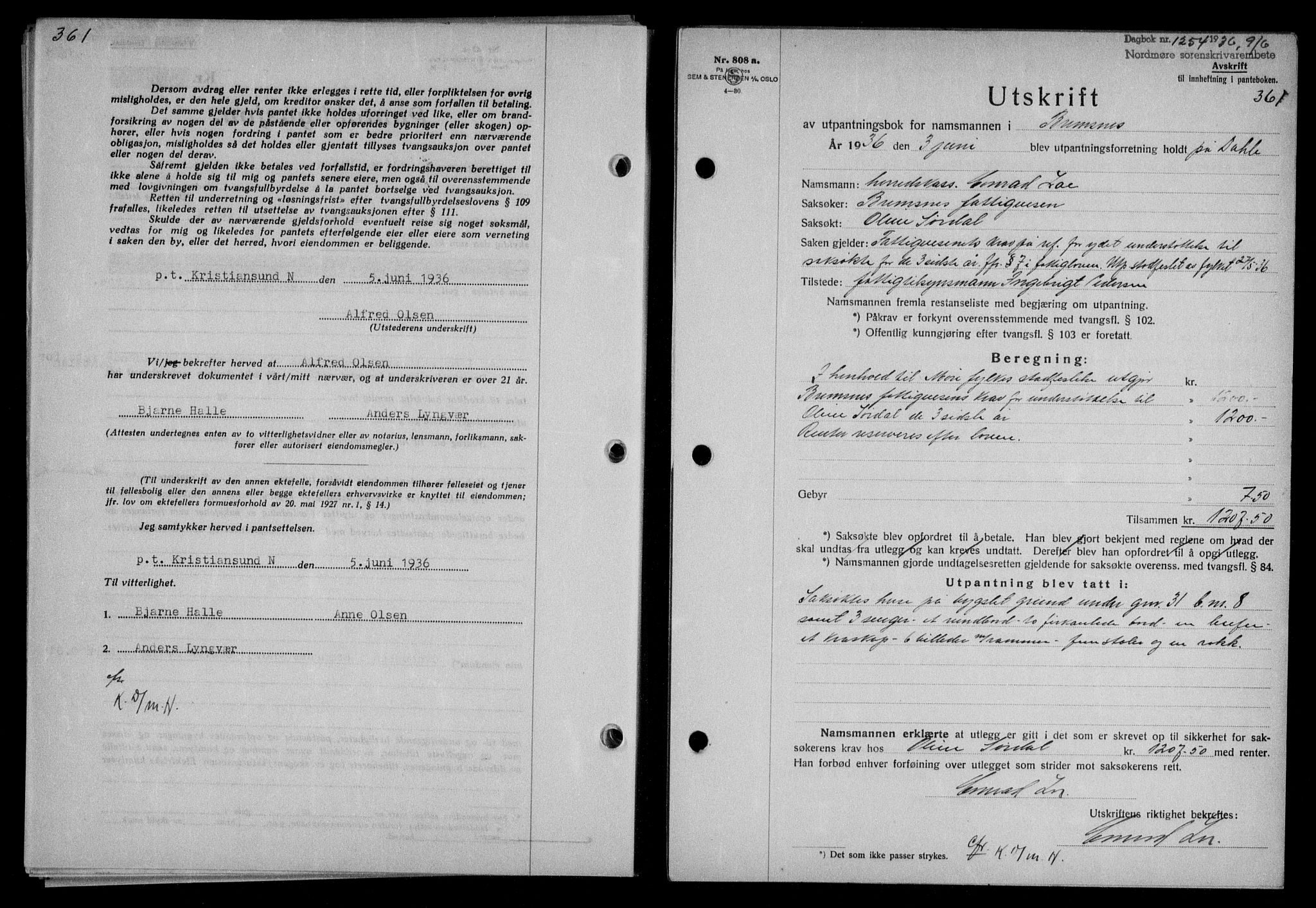 Nordmøre sorenskriveri, AV/SAT-A-4132/1/2/2Ca/L0088: Mortgage book no. 78, 1936-1936, Diary no: : 1254/1936