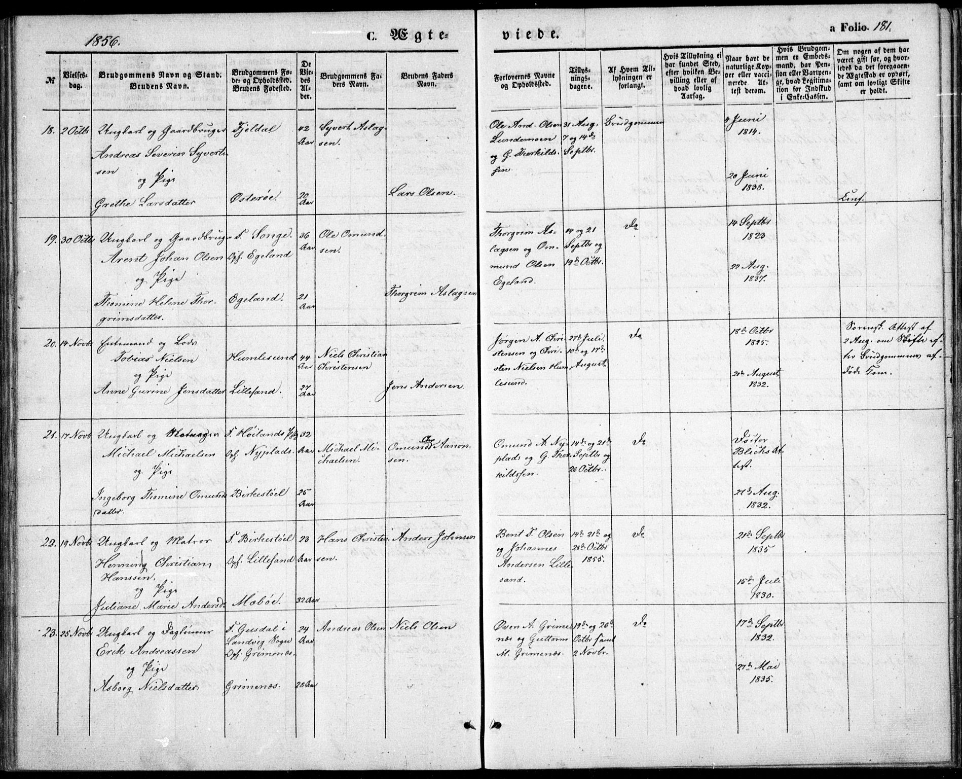 Vestre Moland sokneprestkontor, AV/SAK-1111-0046/F/Fb/Fbb/L0003: Parish register (copy) no. B 3, 1851-1861, p. 181