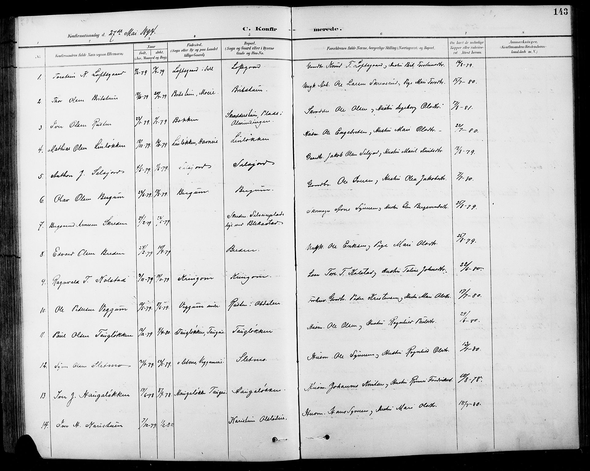 Sel prestekontor, AV/SAH-PREST-074/H/Ha/Hab/L0001: Parish register (copy) no. 1, 1894-1923, p. 143