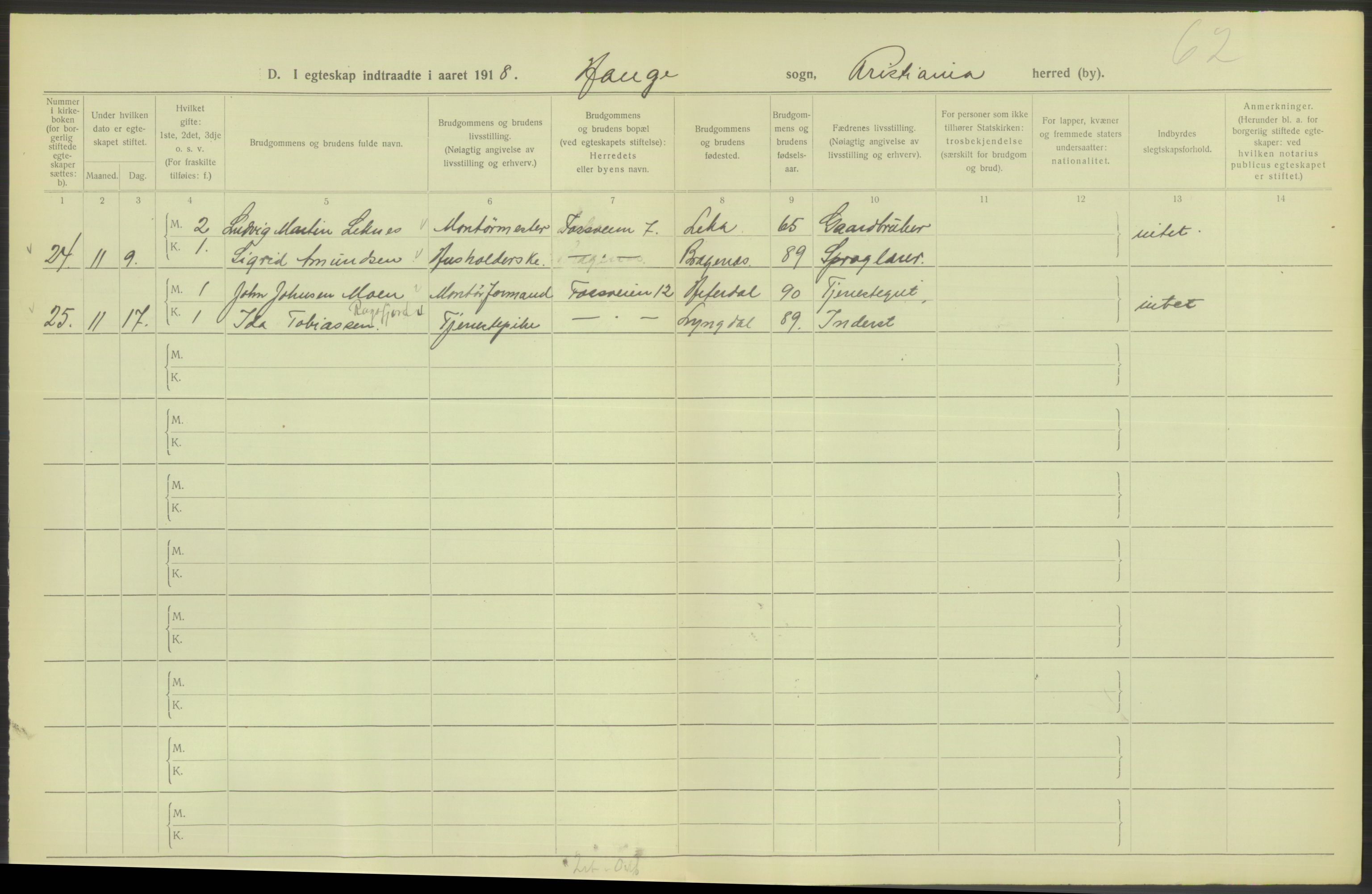 Statistisk sentralbyrå, Sosiodemografiske emner, Befolkning, AV/RA-S-2228/D/Df/Dfb/Dfbh/L0009: Kristiania: Gifte, 1918, p. 572