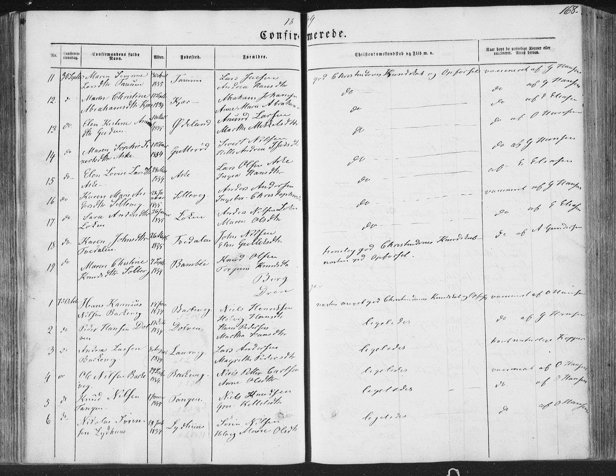 Brunlanes kirkebøker, AV/SAKO-A-342/F/Fa/L0004: Parish register (official) no. I 4, 1846-1862, p. 168