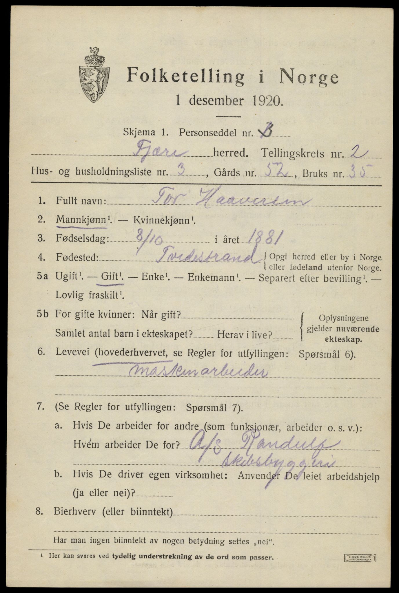 SAK, 1920 census for Fjære, 1920, p. 3267