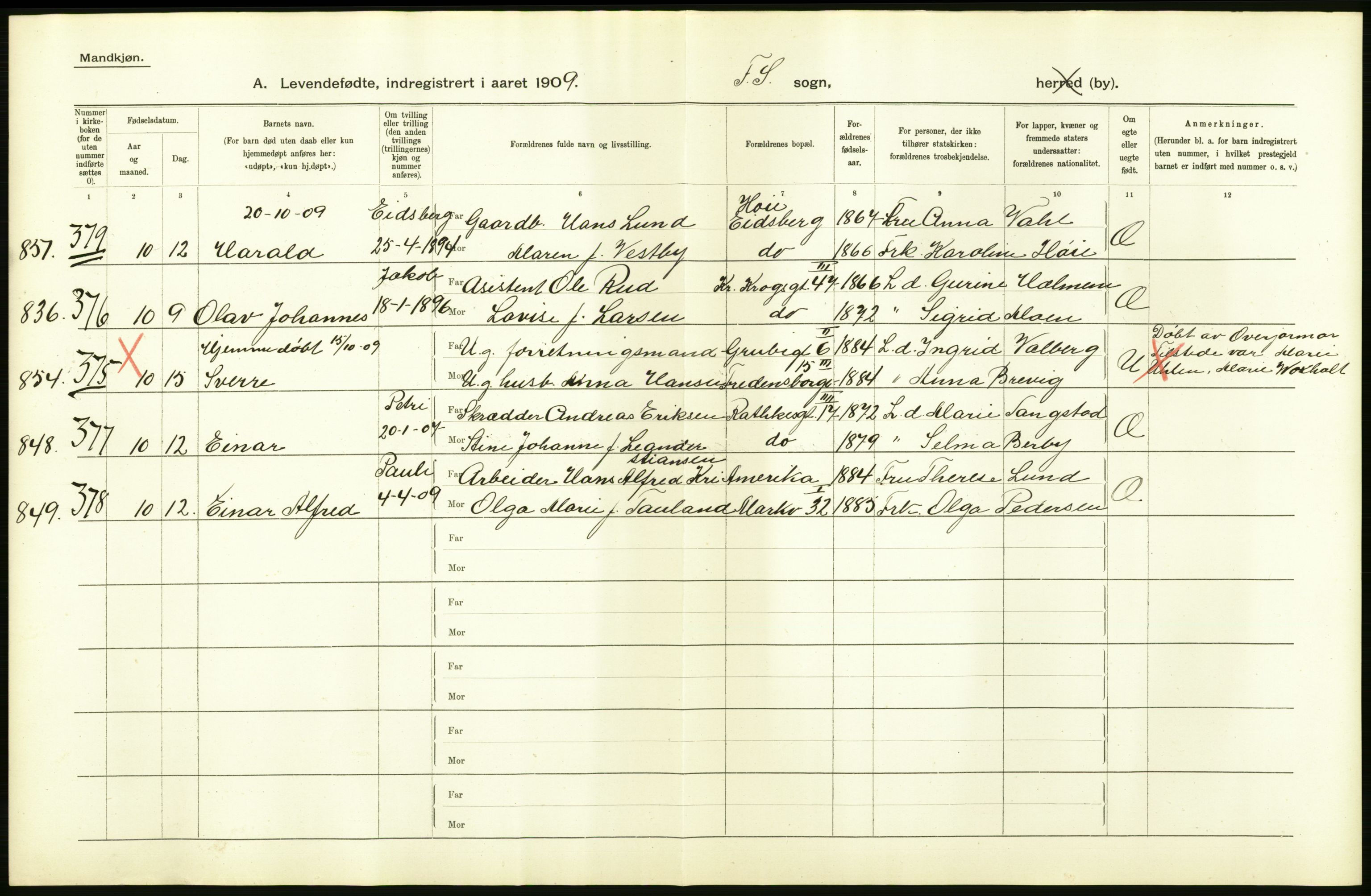 Statistisk sentralbyrå, Sosiodemografiske emner, Befolkning, AV/RA-S-2228/D/Df/Dfa/Dfag/L0006: Kristiania: Levendefødte menn og kvinner., 1909, p. 28
