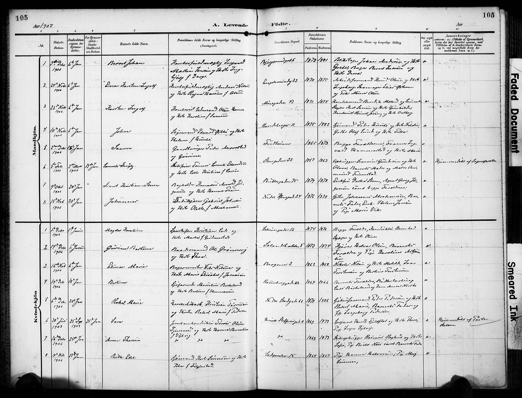 Domkirken sokneprestkontor, SAST/A-101812/001/30/30BB/L0018: Parish register (copy) no. B 18, 1903-1915, p. 105