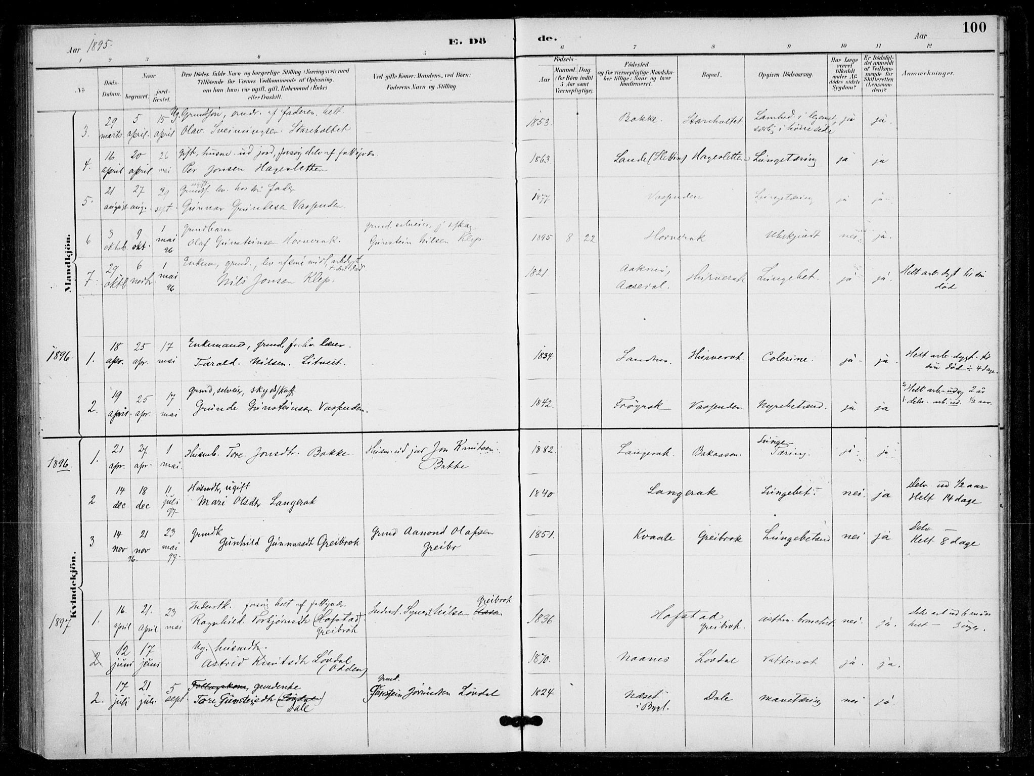 Bygland sokneprestkontor, SAK/1111-0006/F/Fa/Fad/L0001: Parish register (official) no. A 1, 1885-1906, p. 100