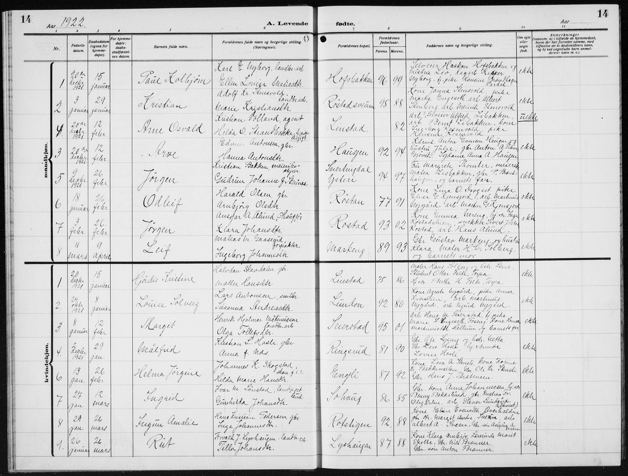 Biri prestekontor, SAH/PREST-096/H/Ha/Hab/L0007: Parish register (copy) no. 7, 1919-1941, p. 14