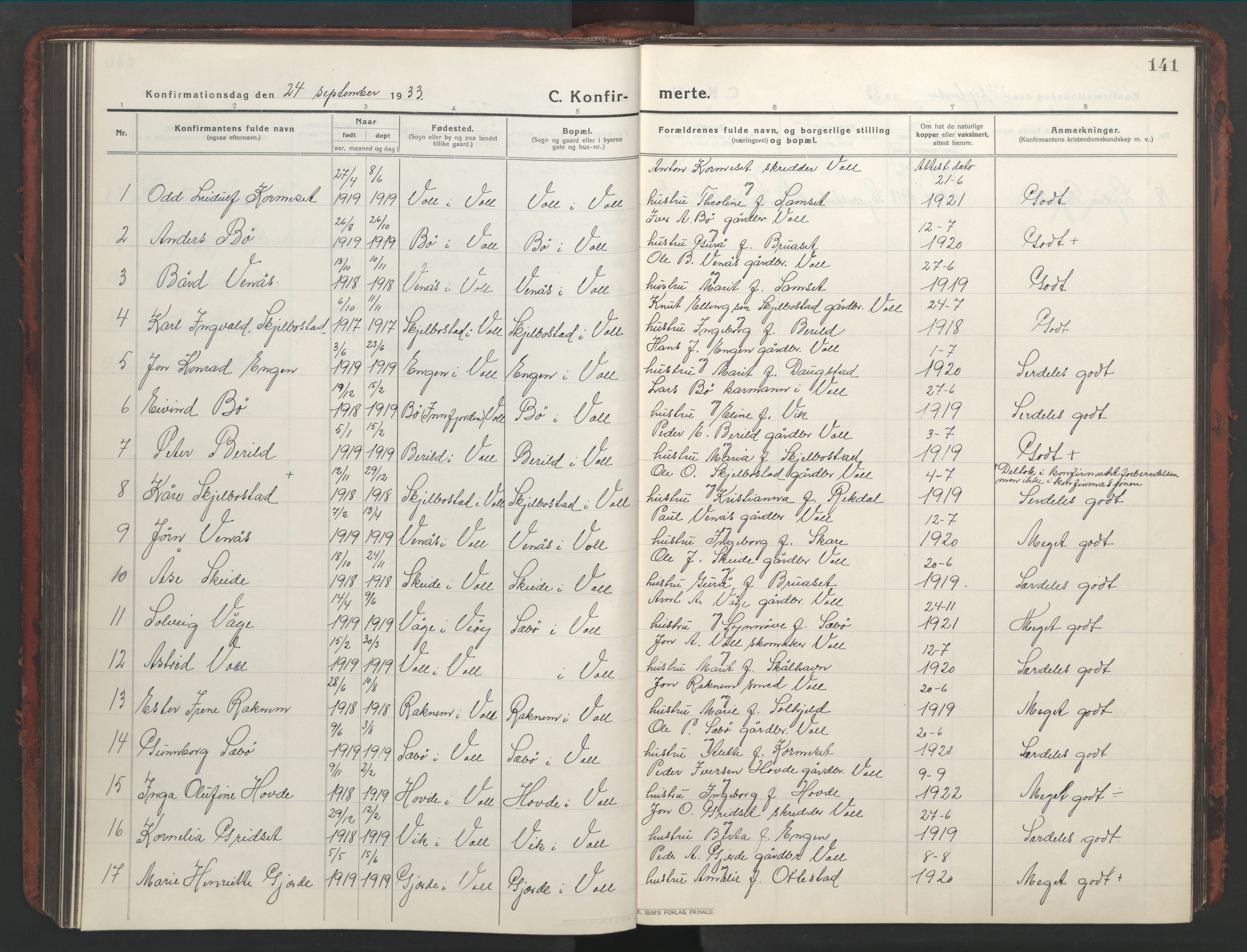 Ministerialprotokoller, klokkerbøker og fødselsregistre - Møre og Romsdal, AV/SAT-A-1454/543/L0565: Parish register (copy) no. 543C03, 1916-1955, p. 141