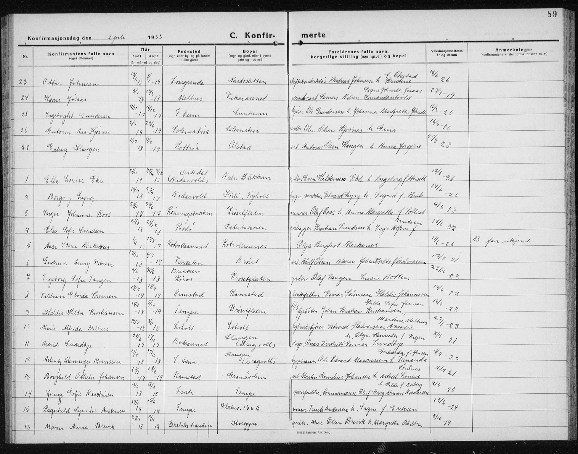 Ministerialprotokoller, klokkerbøker og fødselsregistre - Sør-Trøndelag, AV/SAT-A-1456/607/L0327: Parish register (copy) no. 607C01, 1930-1939, p. 89