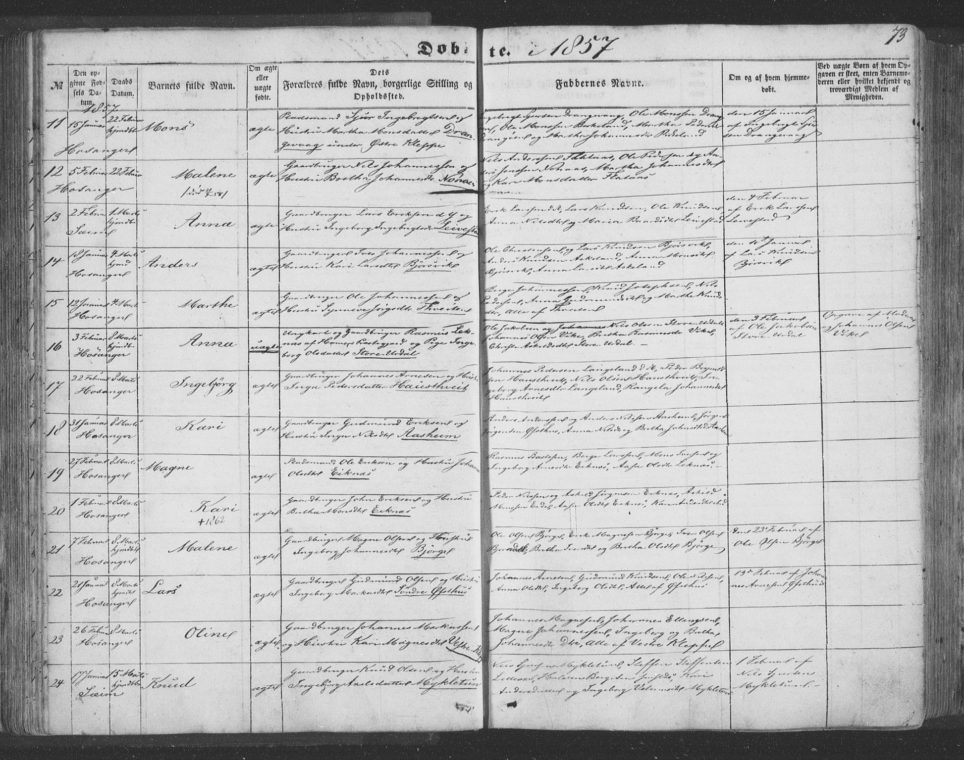 Hosanger sokneprestembete, AV/SAB-A-75801/H/Haa: Parish register (official) no. A 8, 1849-1863, p. 73