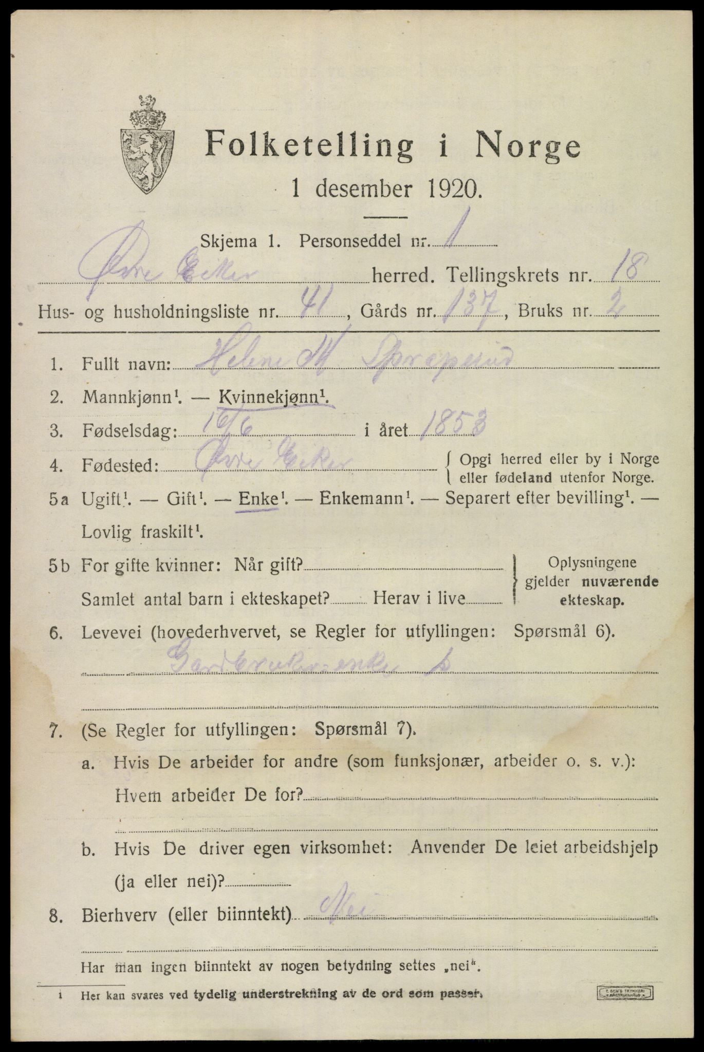 SAKO, 1920 census for Øvre Eiker, 1920, p. 22076