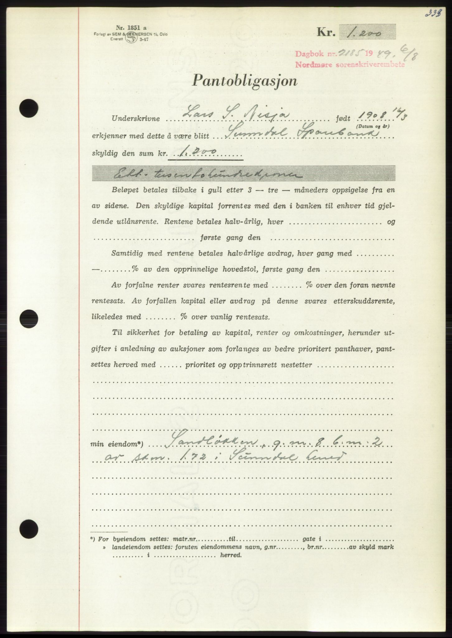 Nordmøre sorenskriveri, AV/SAT-A-4132/1/2/2Ca: Mortgage book no. B102, 1949-1949, Diary no: : 2185/1949