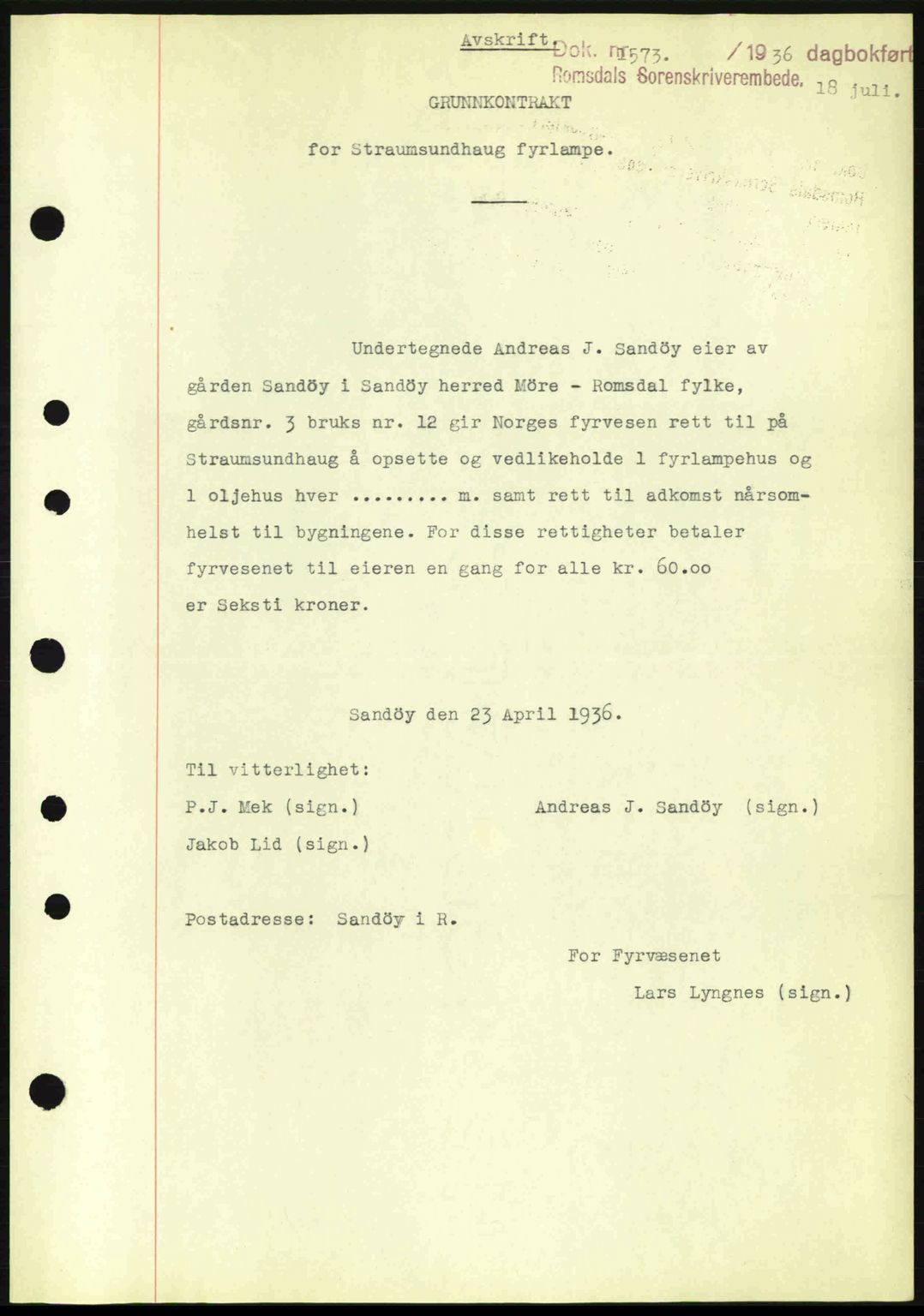 Romsdal sorenskriveri, AV/SAT-A-4149/1/2/2C: Mortgage book no. A1, 1936-1936, Diary no: : 1573/1936