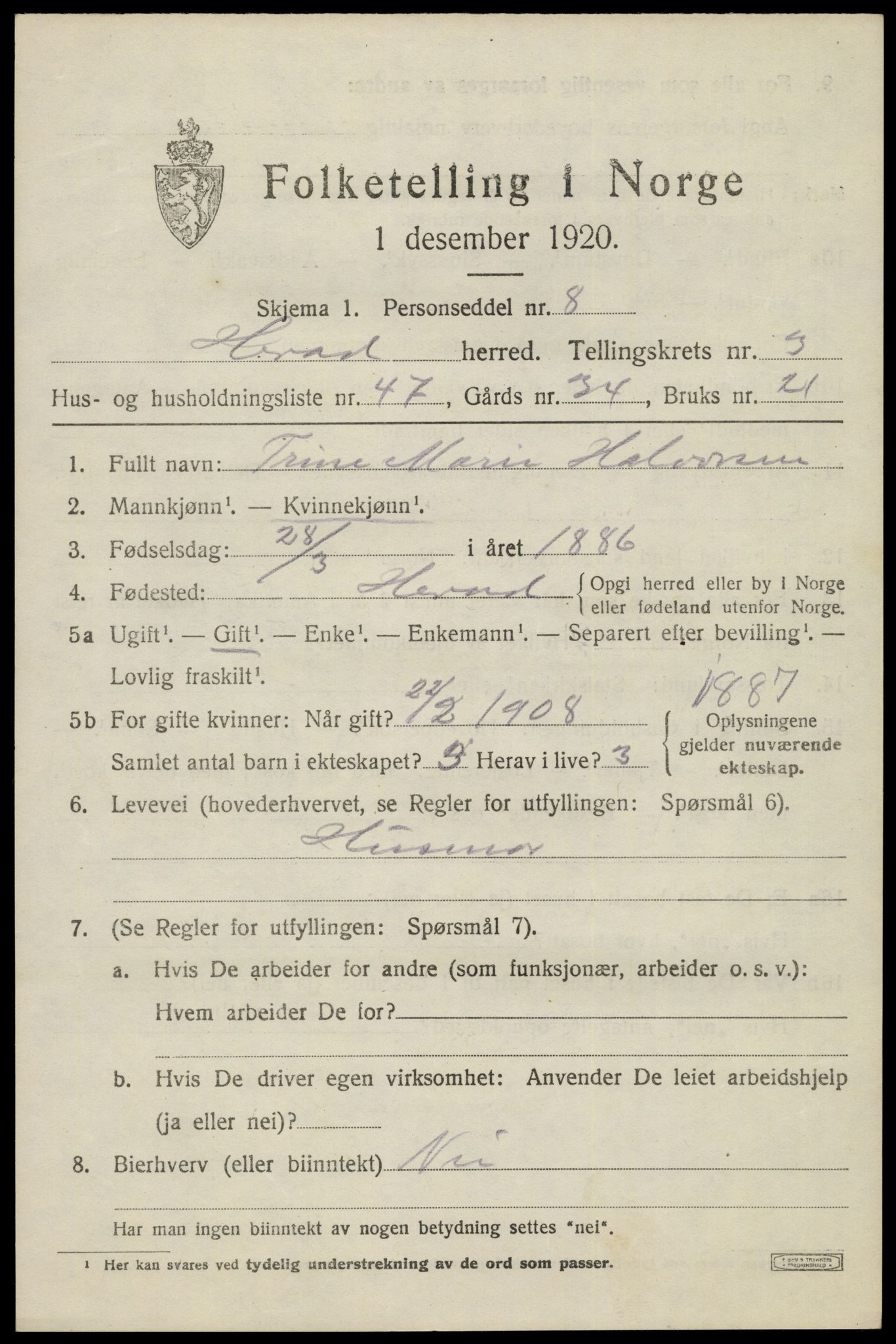 SAK, 1920 census for Herad, 1920, p. 1702
