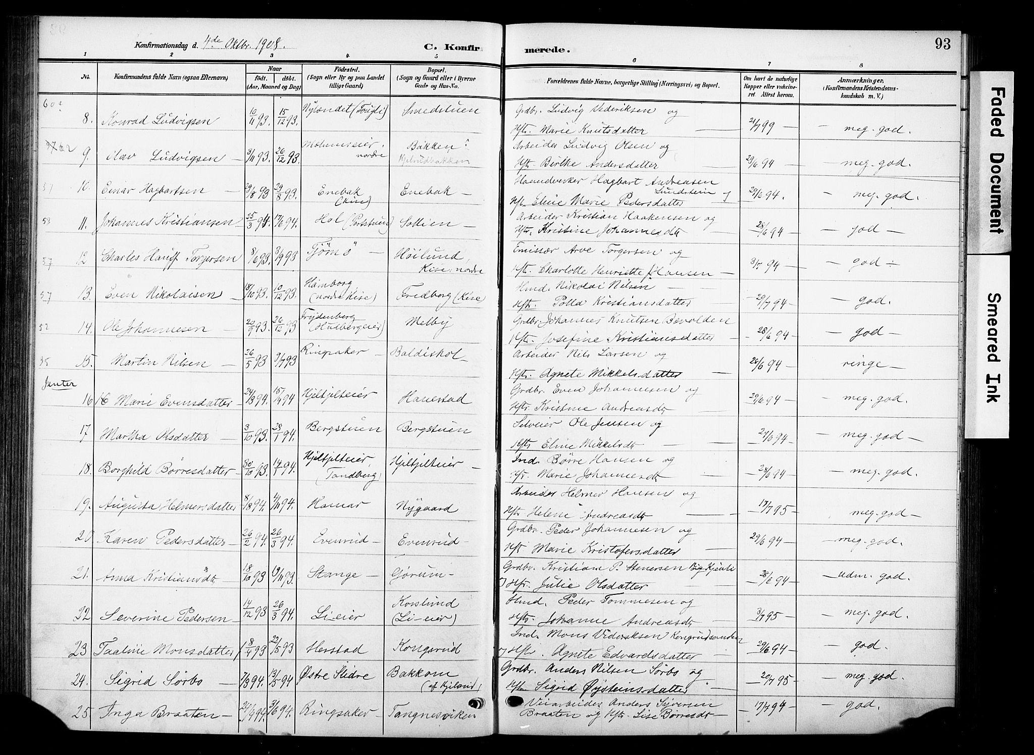 Nes prestekontor, Hedmark, SAH/PREST-020/K/Ka/L0013: Parish register (official) no. 13, 1906-1924, p. 93