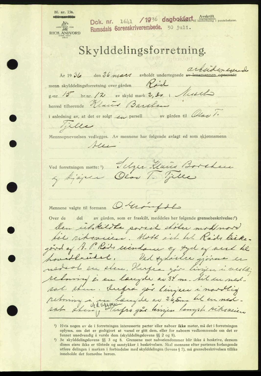 Romsdal sorenskriveri, AV/SAT-A-4149/1/2/2C: Mortgage book no. A1, 1936-1936, Diary no: : 1641/1936