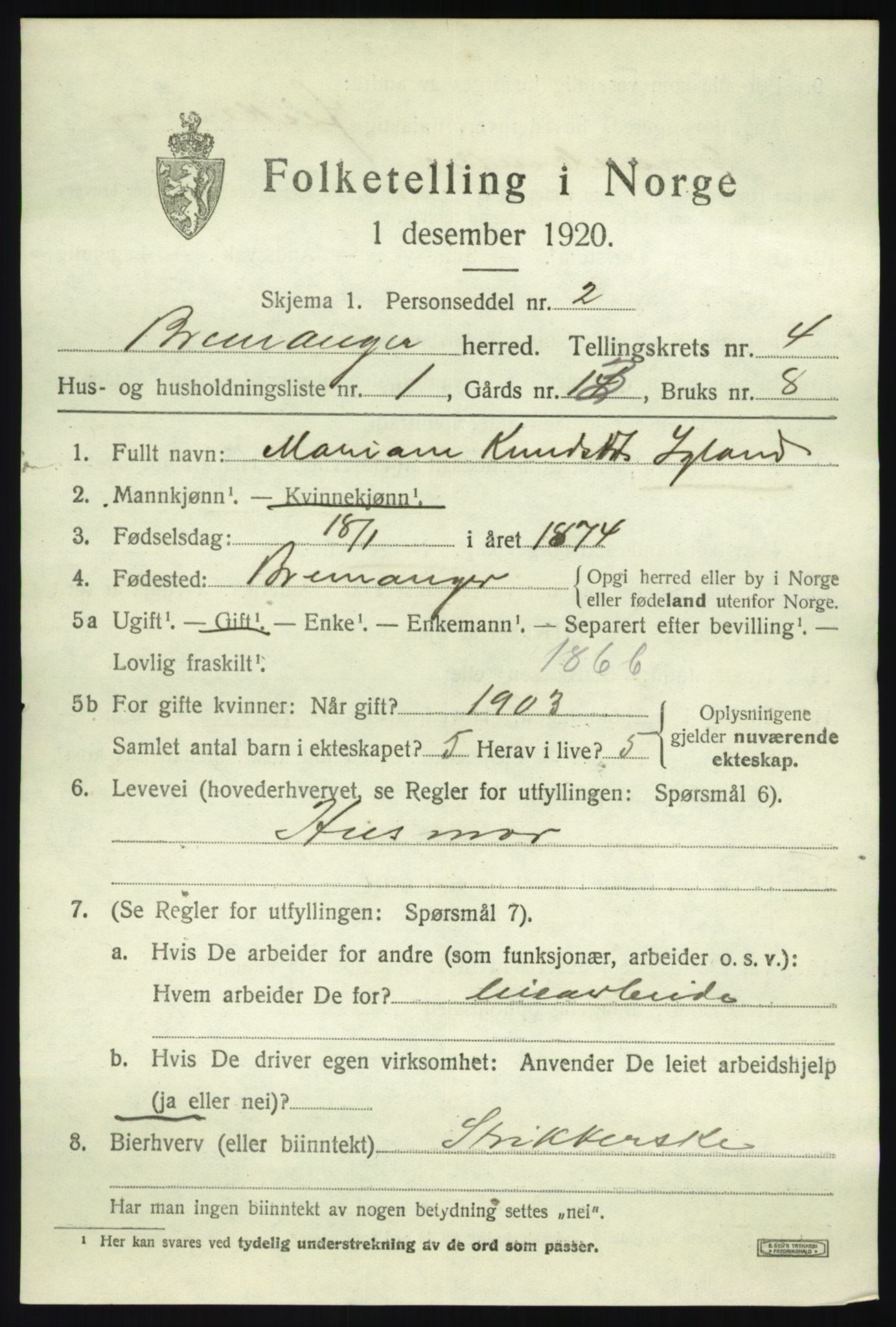 SAB, 1920 census for Bremanger, 1920, p. 2760