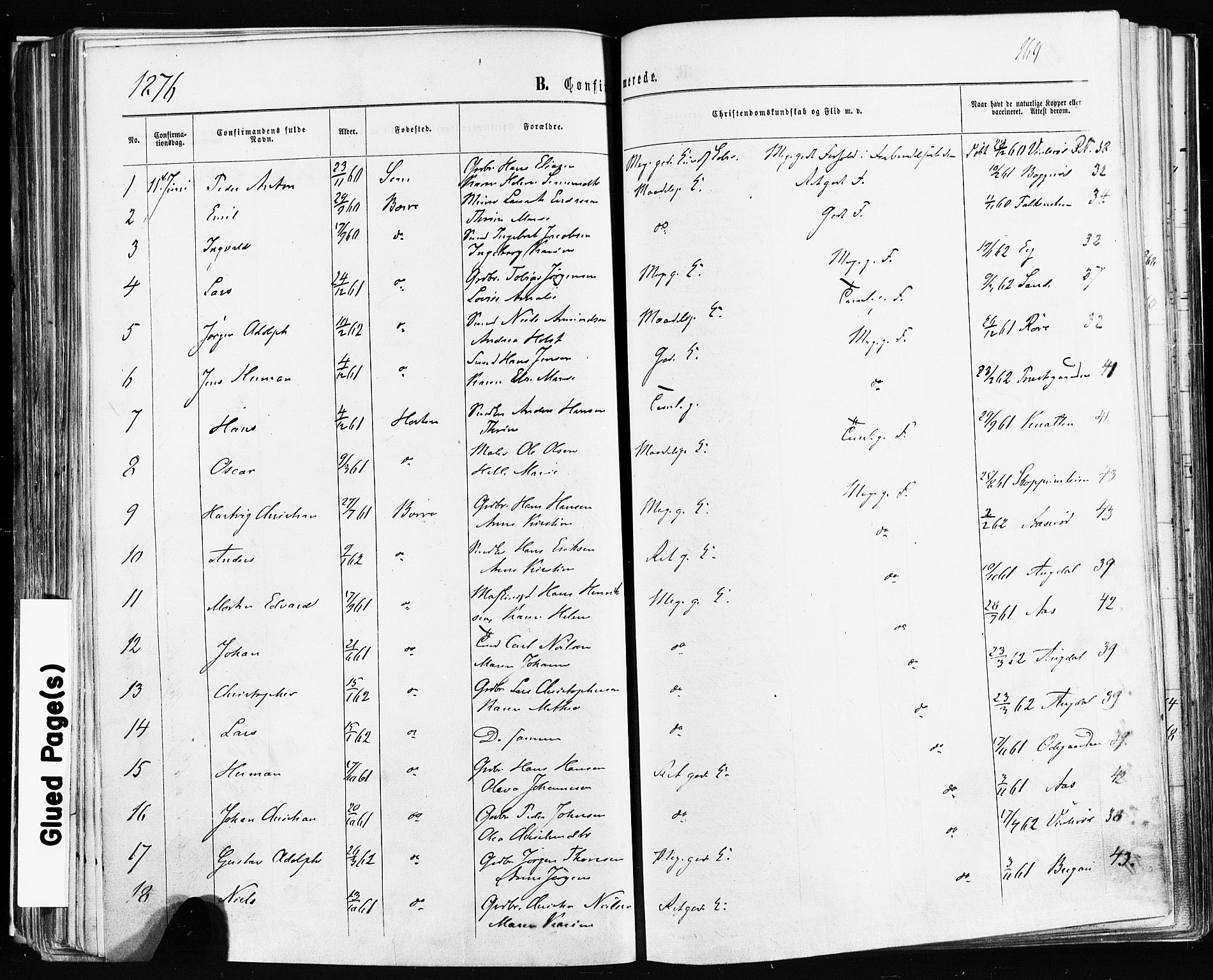 Borre kirkebøker, AV/SAKO-A-338/F/Fa/L0008: Parish register (official) no. I 8, 1868-1877, p. 169