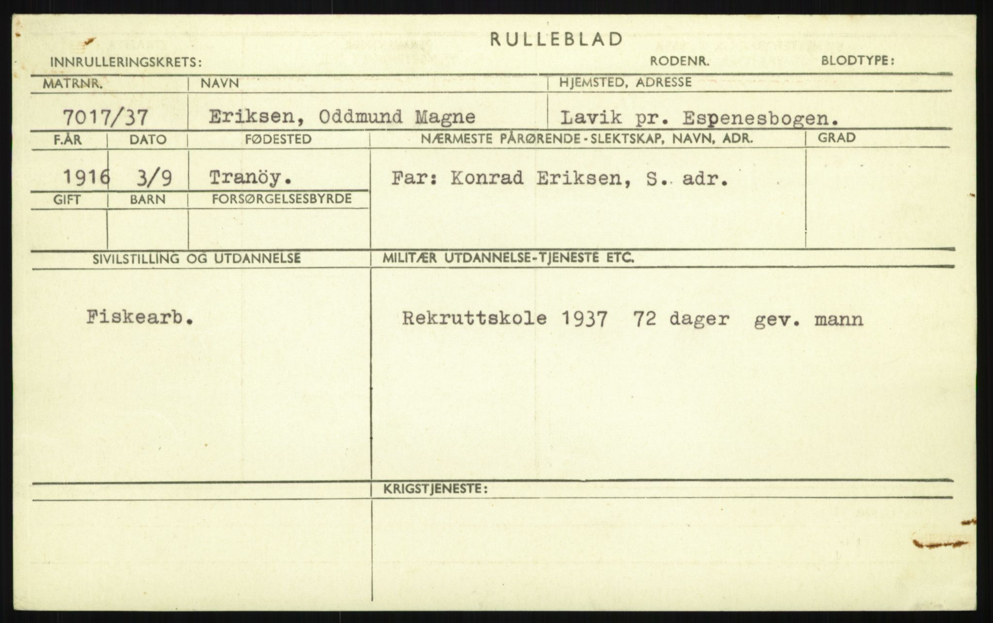Forsvaret, Troms infanteriregiment nr. 16, AV/RA-RAFA-3146/P/Pa/L0021: Rulleblad for regimentets menige mannskaper, årsklasse 1937, 1937, p. 155