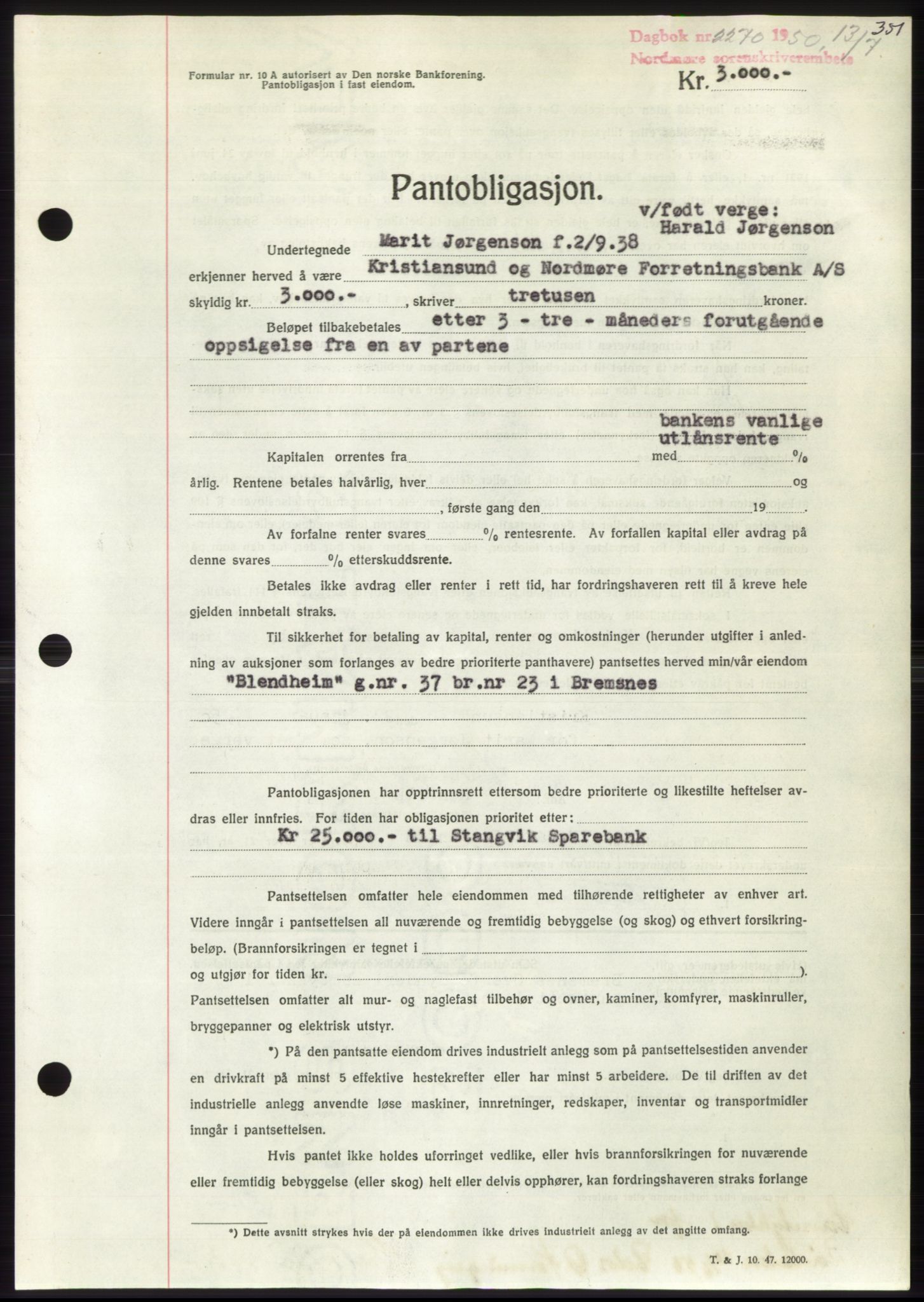 Nordmøre sorenskriveri, AV/SAT-A-4132/1/2/2Ca: Mortgage book no. B105, 1950-1950, Diary no: : 2270/1950