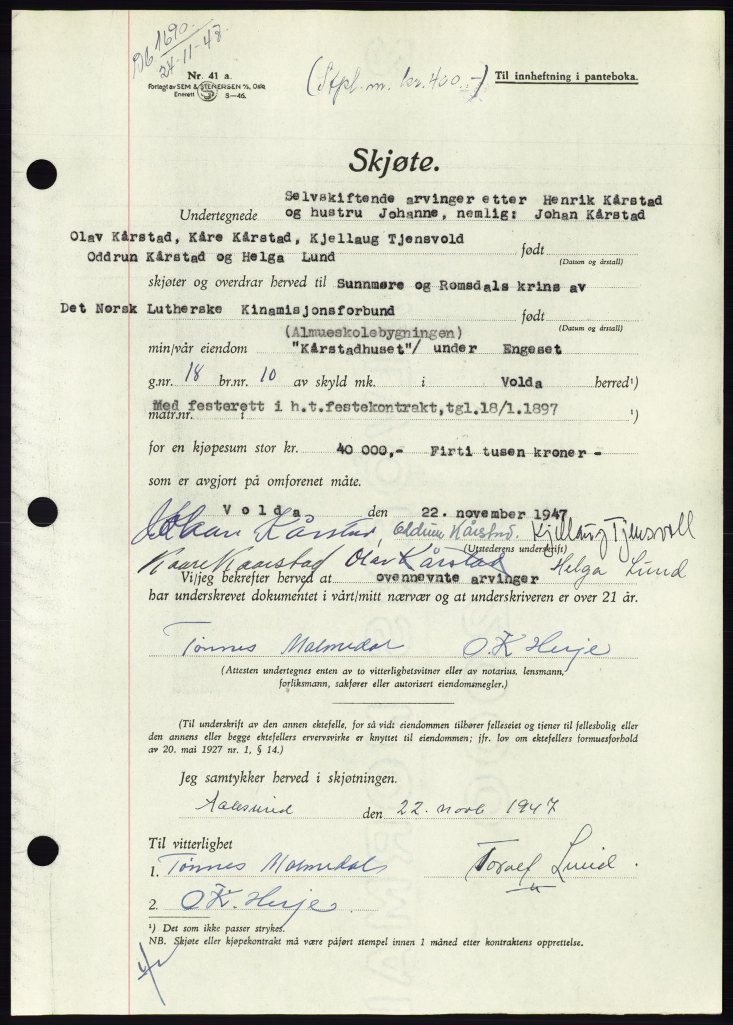 Søre Sunnmøre sorenskriveri, AV/SAT-A-4122/1/2/2C/L0081: Mortgage book no. 7A, 1947-1948, Diary no: : 1690/1947