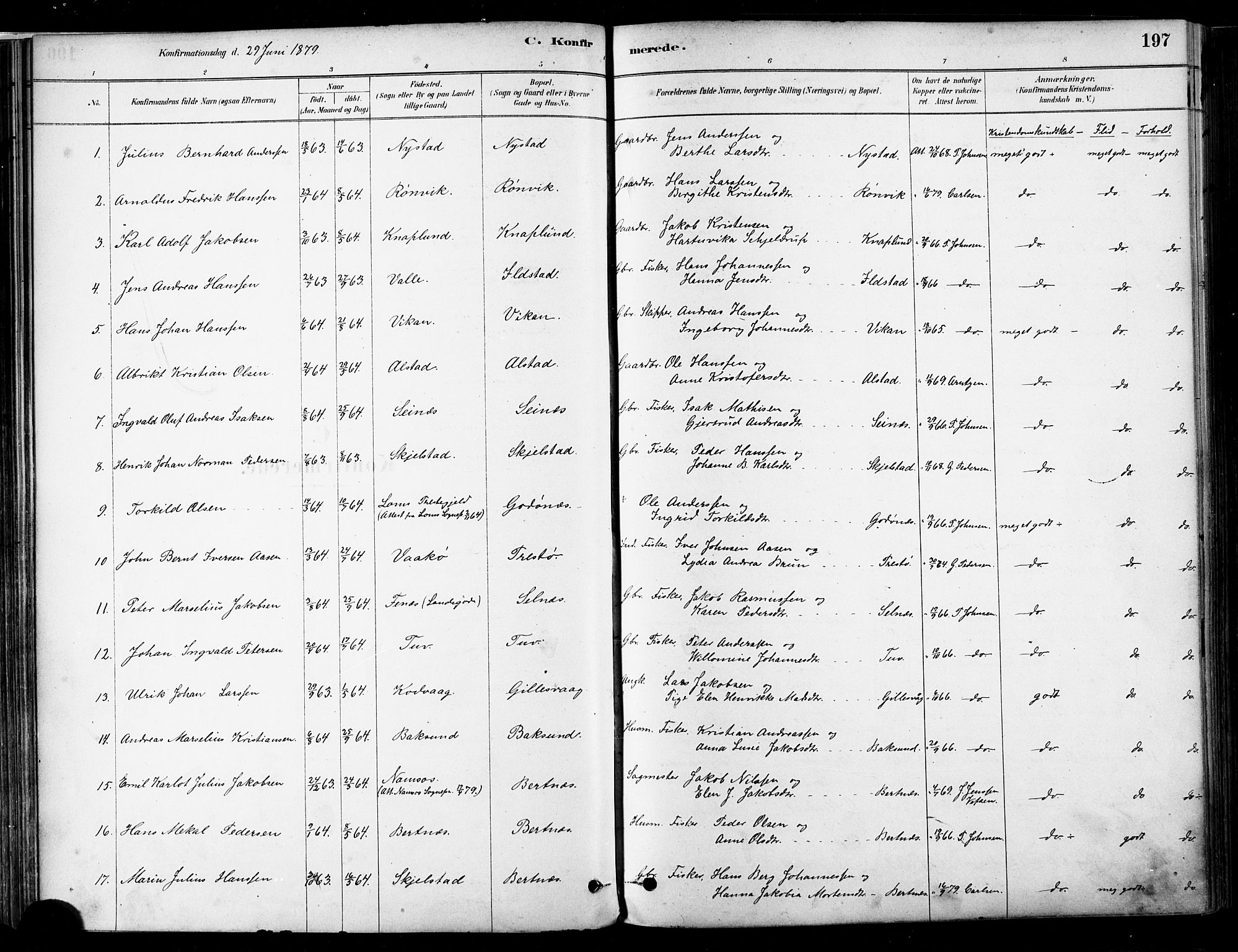 Ministerialprotokoller, klokkerbøker og fødselsregistre - Nordland, SAT/A-1459/802/L0054: Parish register (official) no. 802A01, 1879-1893, p. 197
