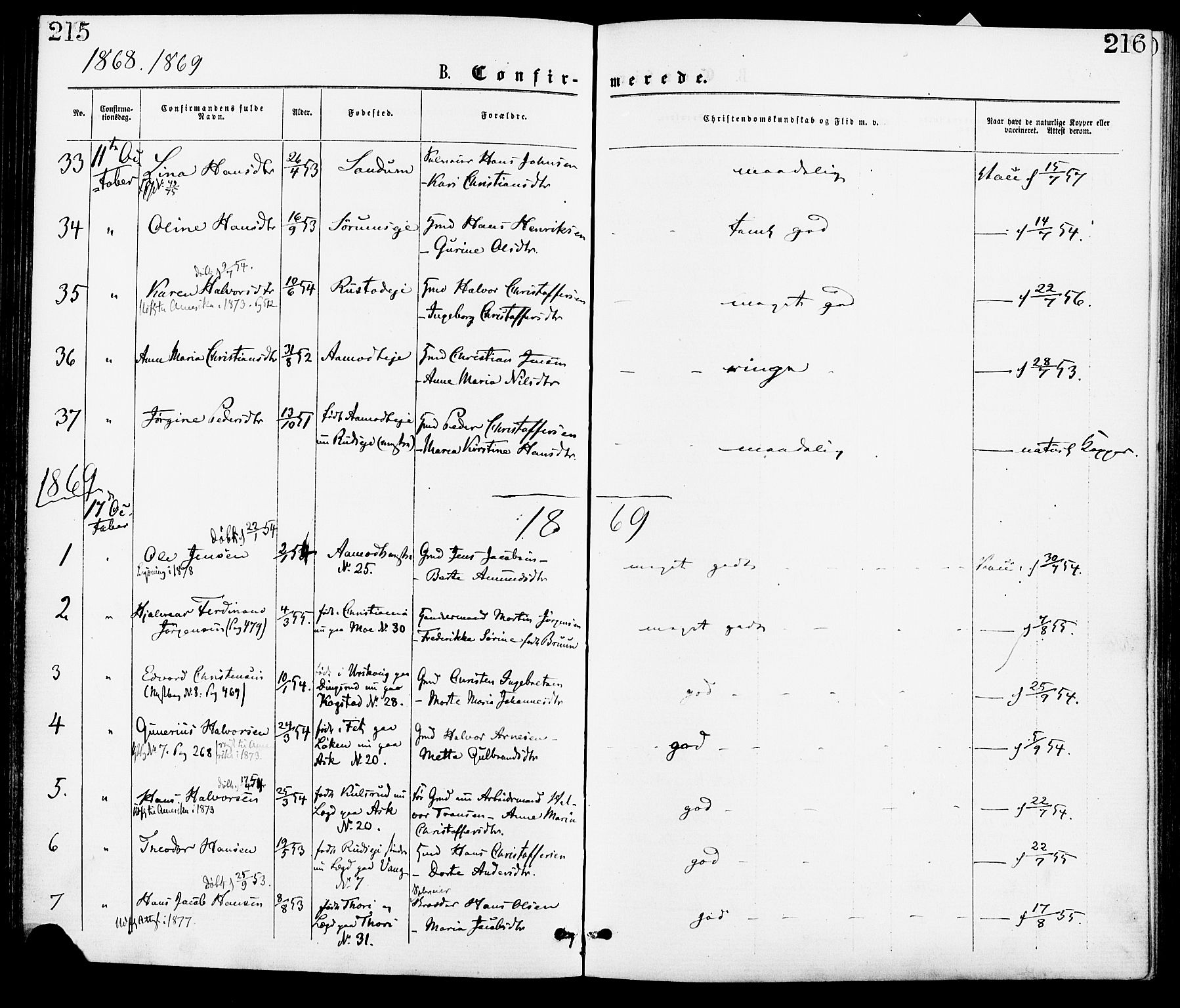 Gjerdrum prestekontor Kirkebøker, SAO/A-10412b/F/Fa/L0008: Parish register (official) no. I 8, 1867-1880, p. 215-216