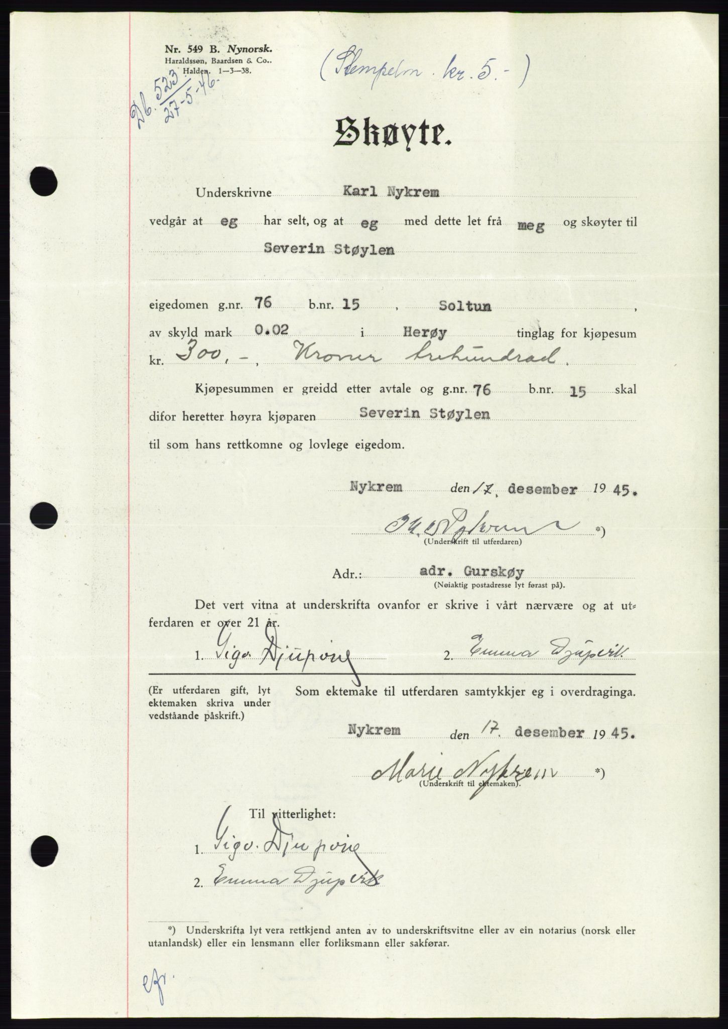 Søre Sunnmøre sorenskriveri, AV/SAT-A-4122/1/2/2C/L0078: Mortgage book no. 4A, 1946-1946, Diary no: : 523/1946