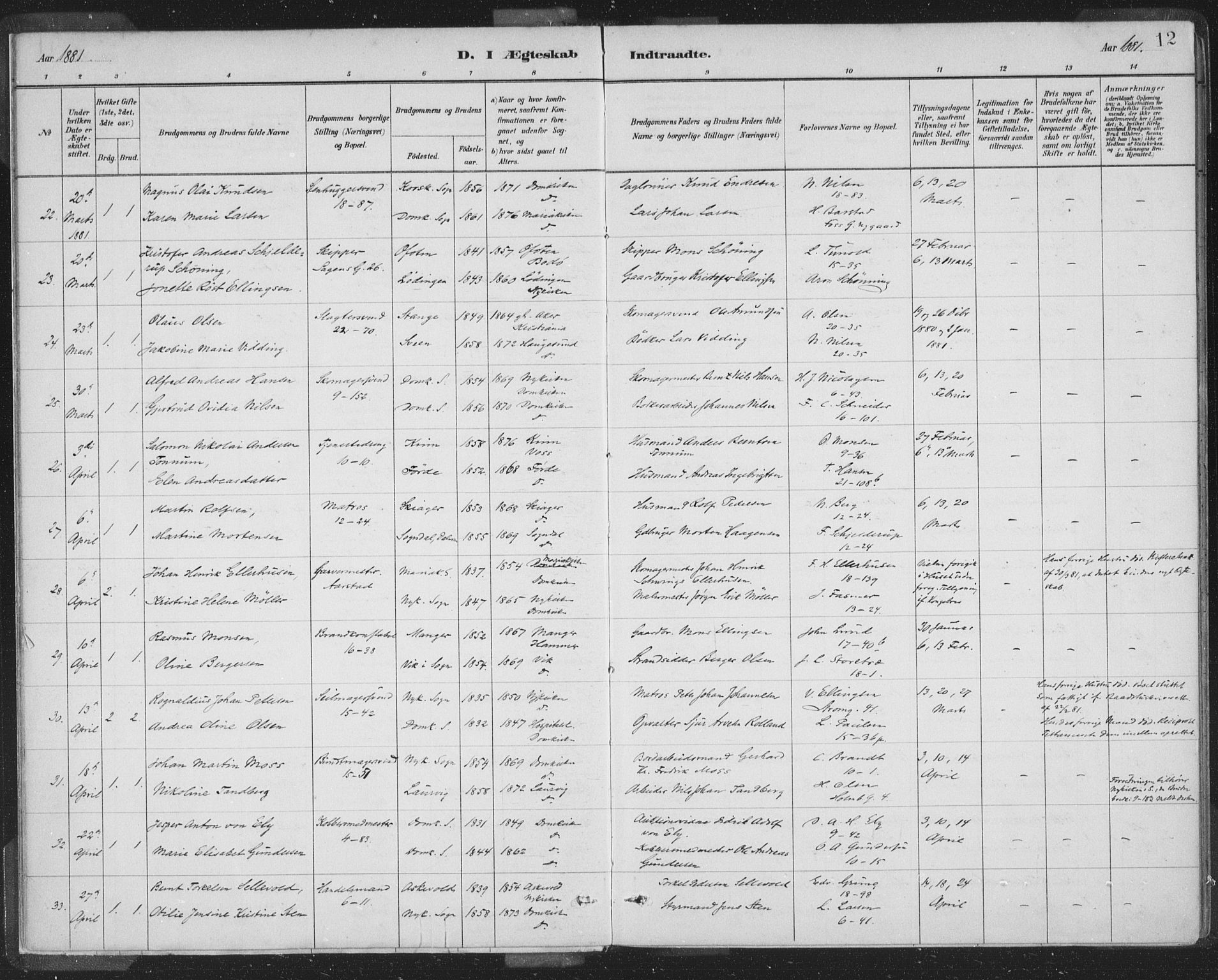 Domkirken sokneprestembete, SAB/A-74801/H/Hab/L0032: Parish register (copy) no. D 4, 1880-1907, p. 12