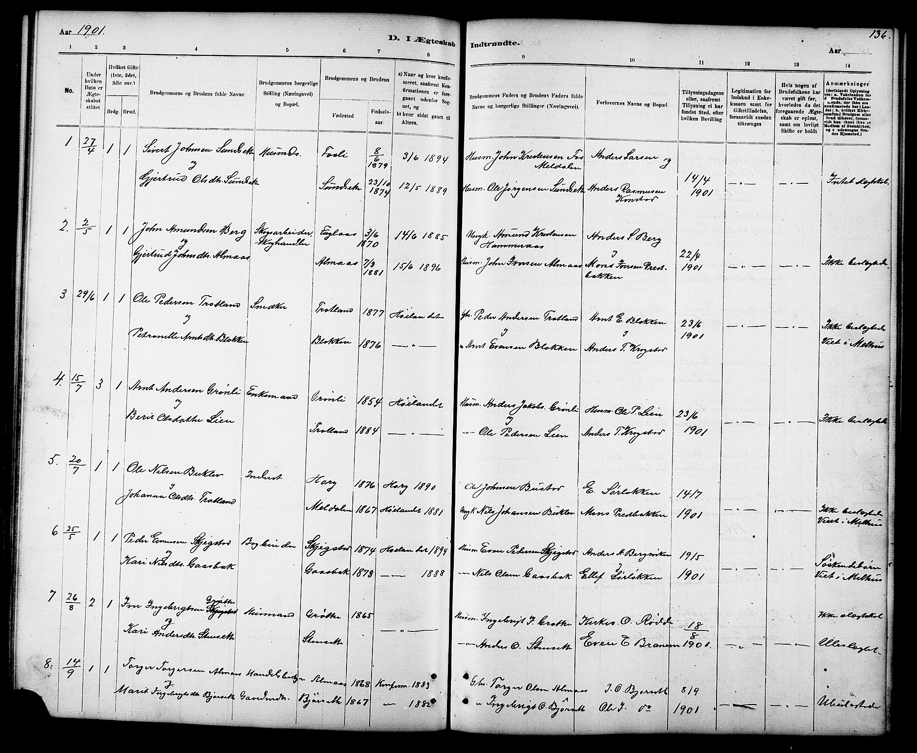Ministerialprotokoller, klokkerbøker og fødselsregistre - Sør-Trøndelag, SAT/A-1456/694/L1132: Parish register (copy) no. 694C04, 1887-1914, p. 136