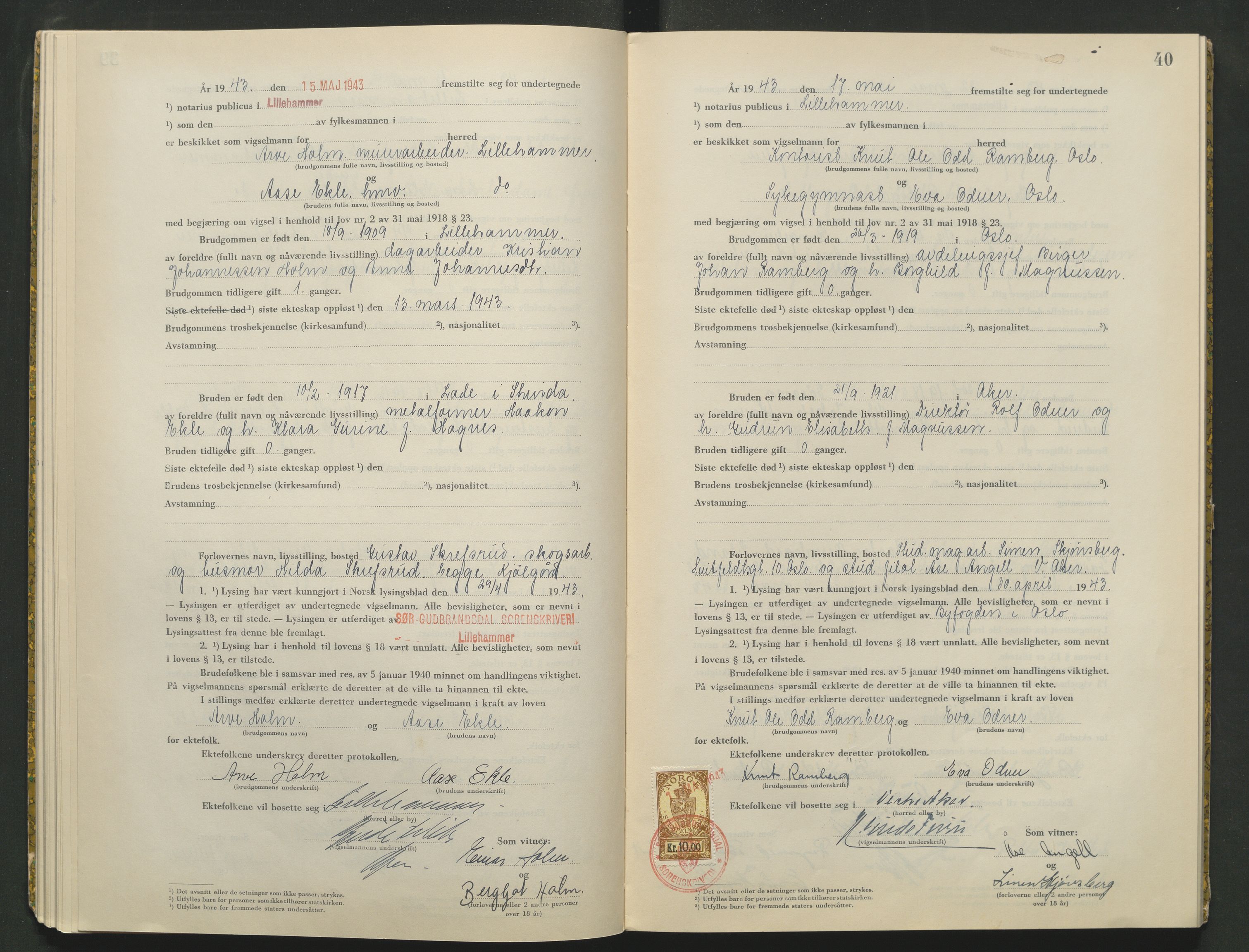 Sør-Gudbrandsdal tingrett, AV/SAH-TING-004/L/Lc/L0003: Vigselsprotokoll, 1943, p. 40