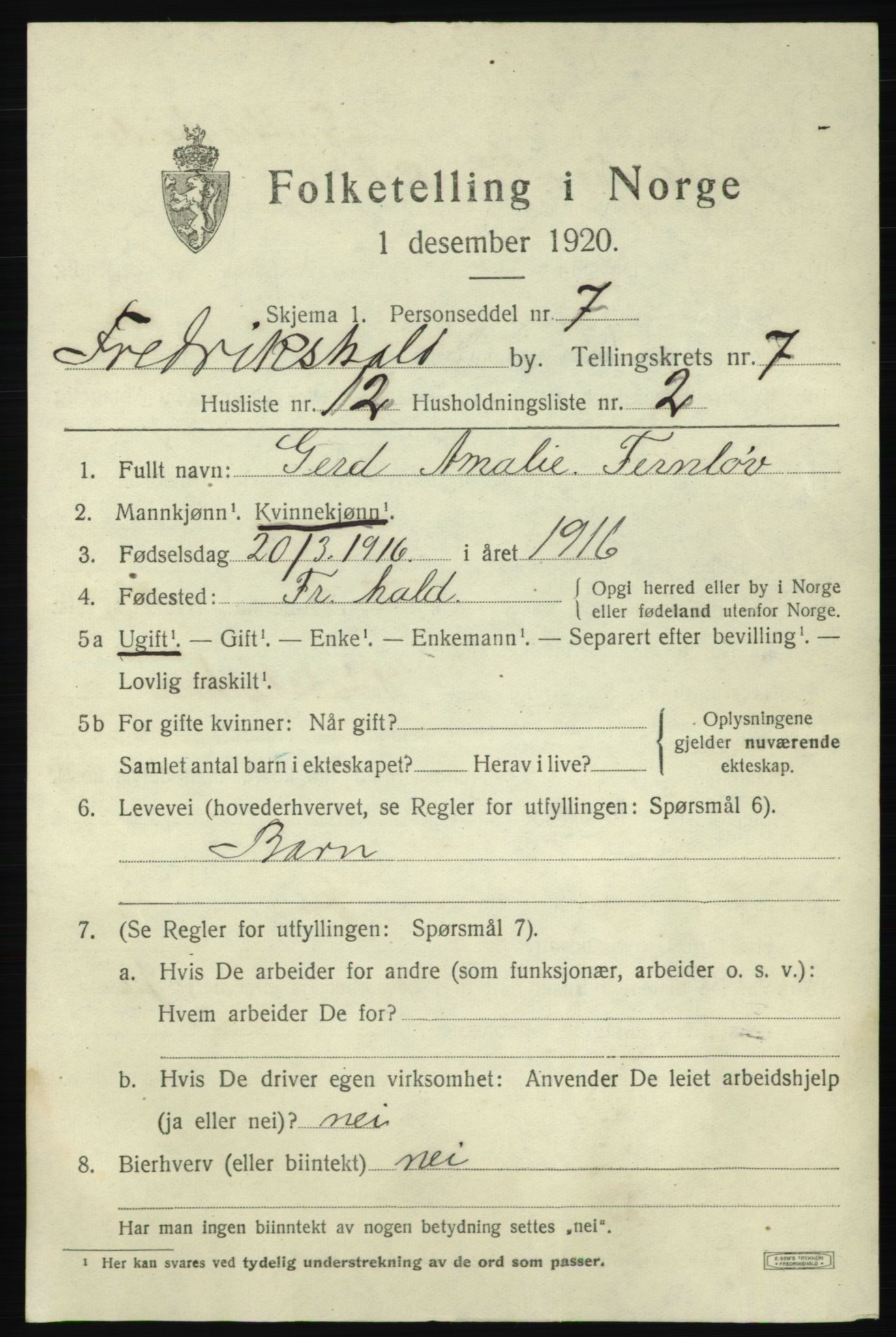 SAO, 1920 census for Fredrikshald, 1920, p. 14048