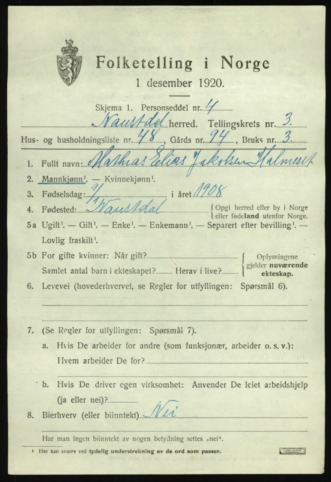 SAB, 1920 census for Naustdal, 1920, p. 2347