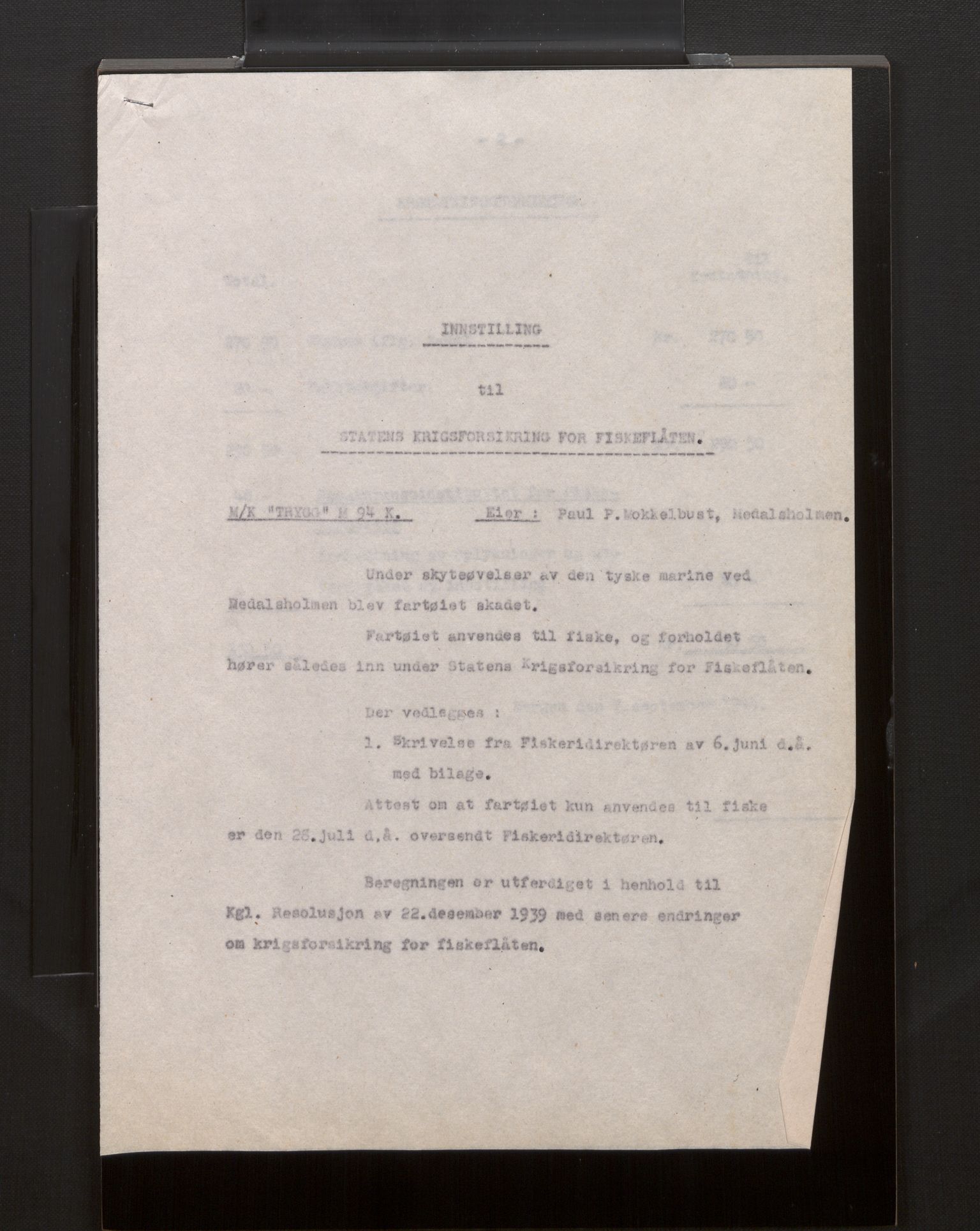 Fiskeridirektoratet - 1 Adm. ledelse - 13 Båtkontoret, AV/SAB-A-2003/La/L0008: Statens krigsforsikring for fiskeflåten, 1936-1971, p. 279