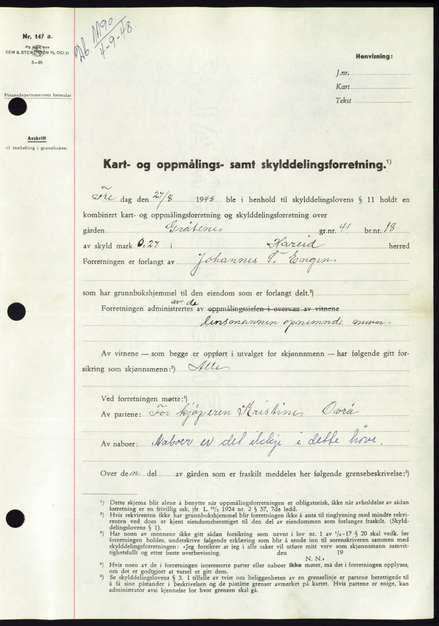 Søre Sunnmøre sorenskriveri, AV/SAT-A-4122/1/2/2C/L0082: Mortgage book no. 8A, 1948-1948, Diary no: : 1190/1948