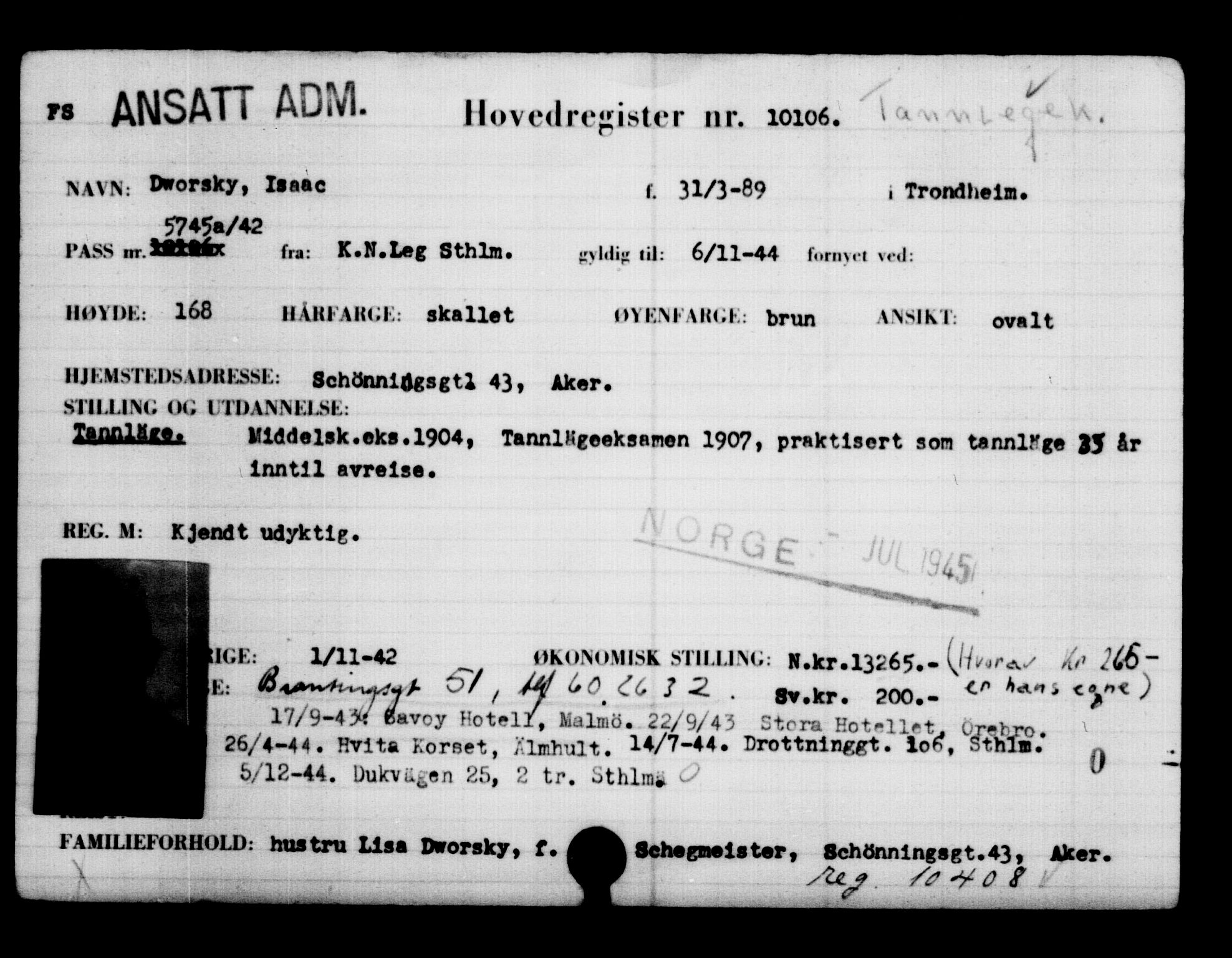 Utenriksstasjonene, Legasjonen i Stockholm, Flyktningkontoret, AV/RA-S-6753/V/Va/L0006: Kjesäterkartoteket, flyktninger med registreringsnr. 9400-12711, 1940-1945, p. 809