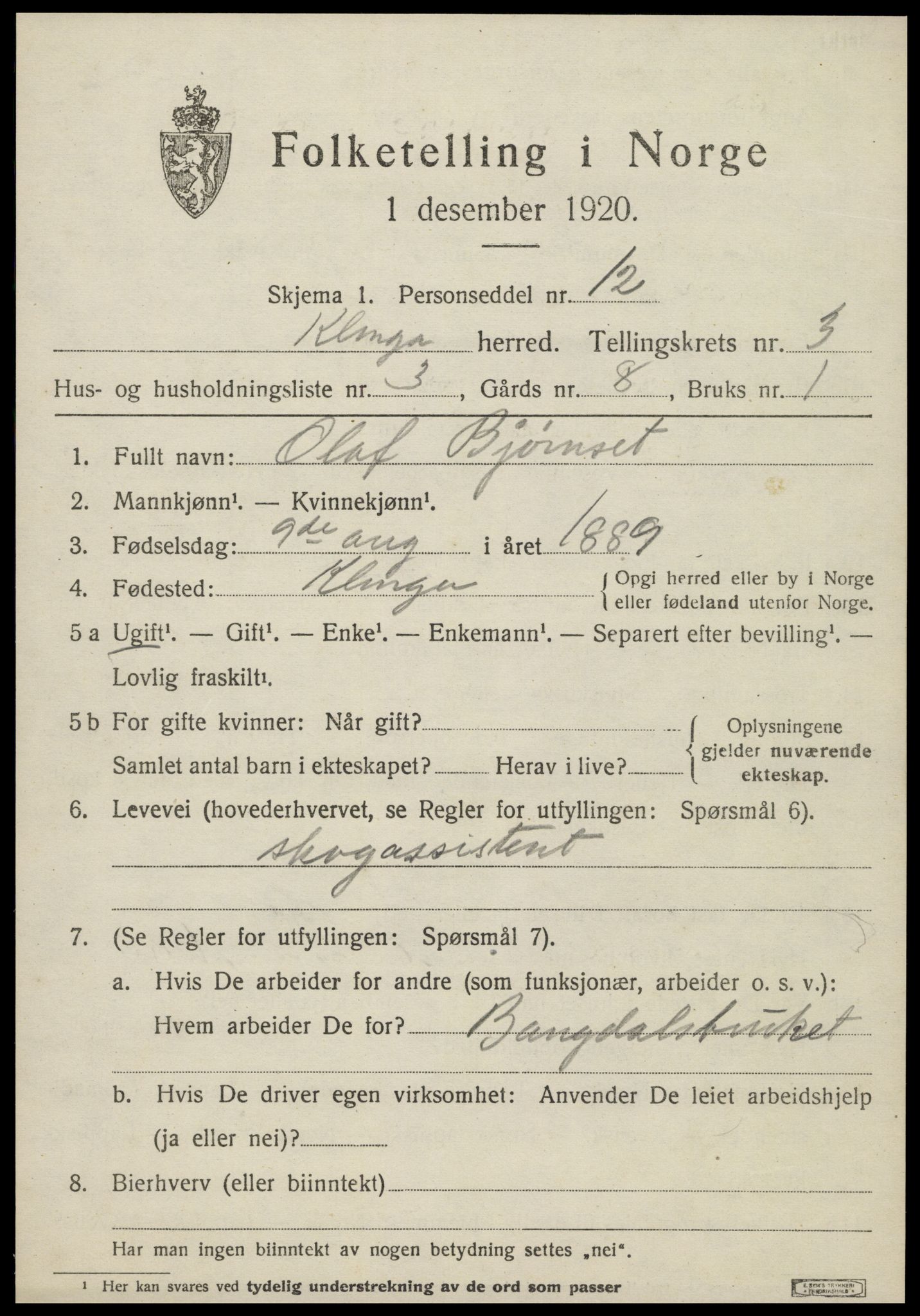 SAT, 1920 census for Klinga, 1920, p. 2107