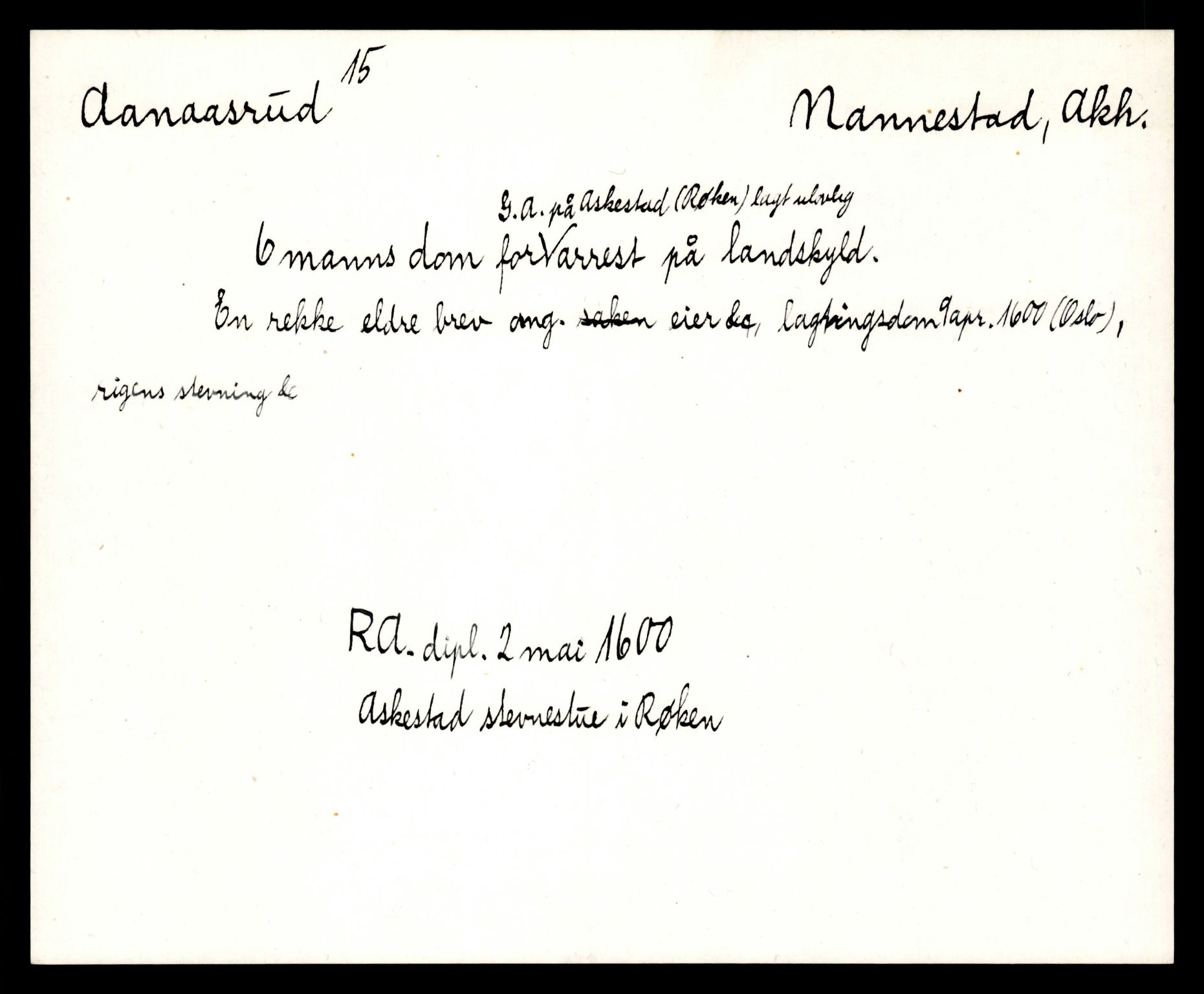 Riksarkivets diplomsamling, AV/RA-EA-5965/F35/F35e/L0006: Registreringssedler Akershus 2, 1400-1700, p. 829