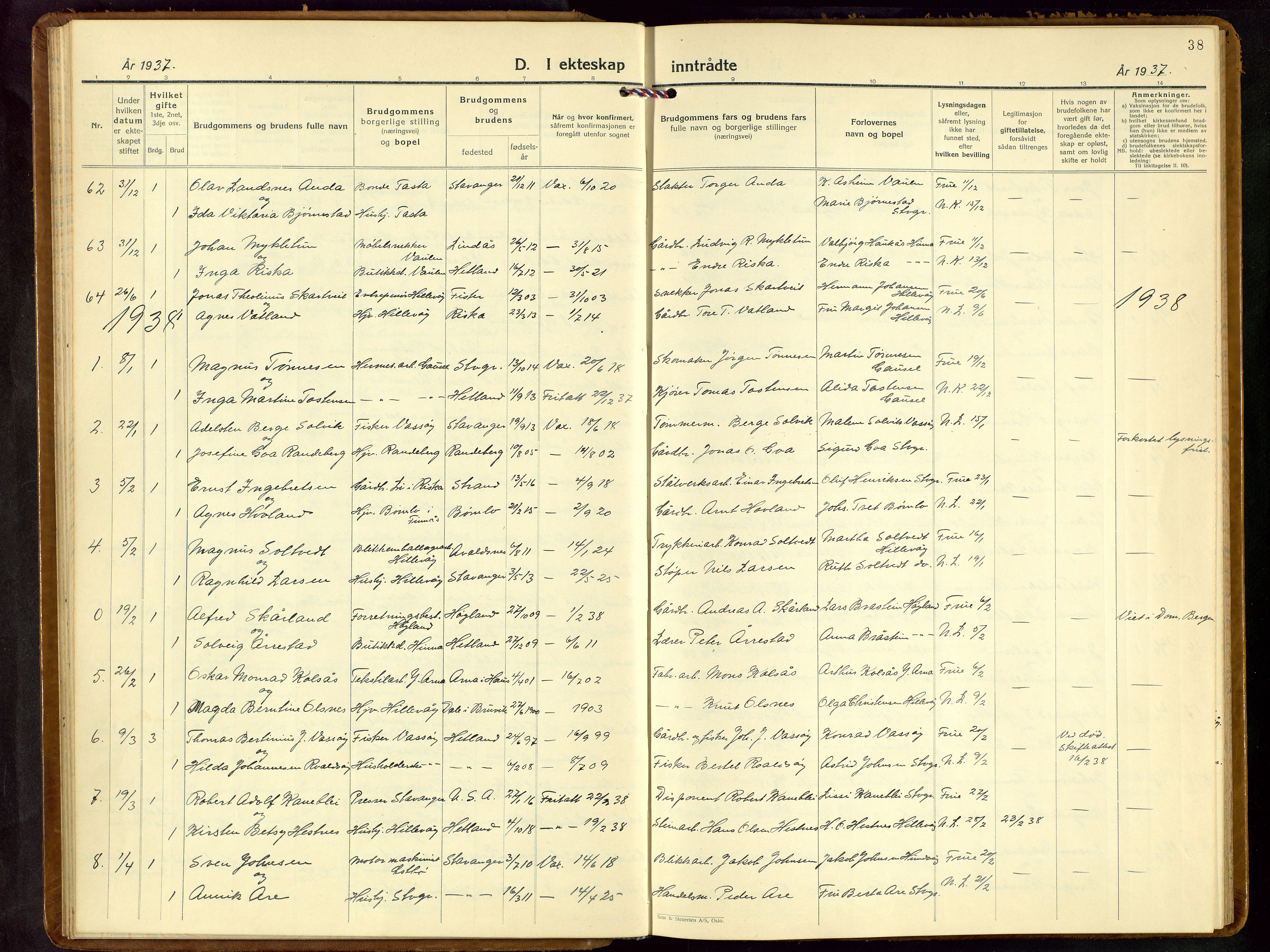 Hetland sokneprestkontor, SAST/A-101826/30/30BB/L0013: Parish register (copy) no. B 13, 1931-1952, p. 38