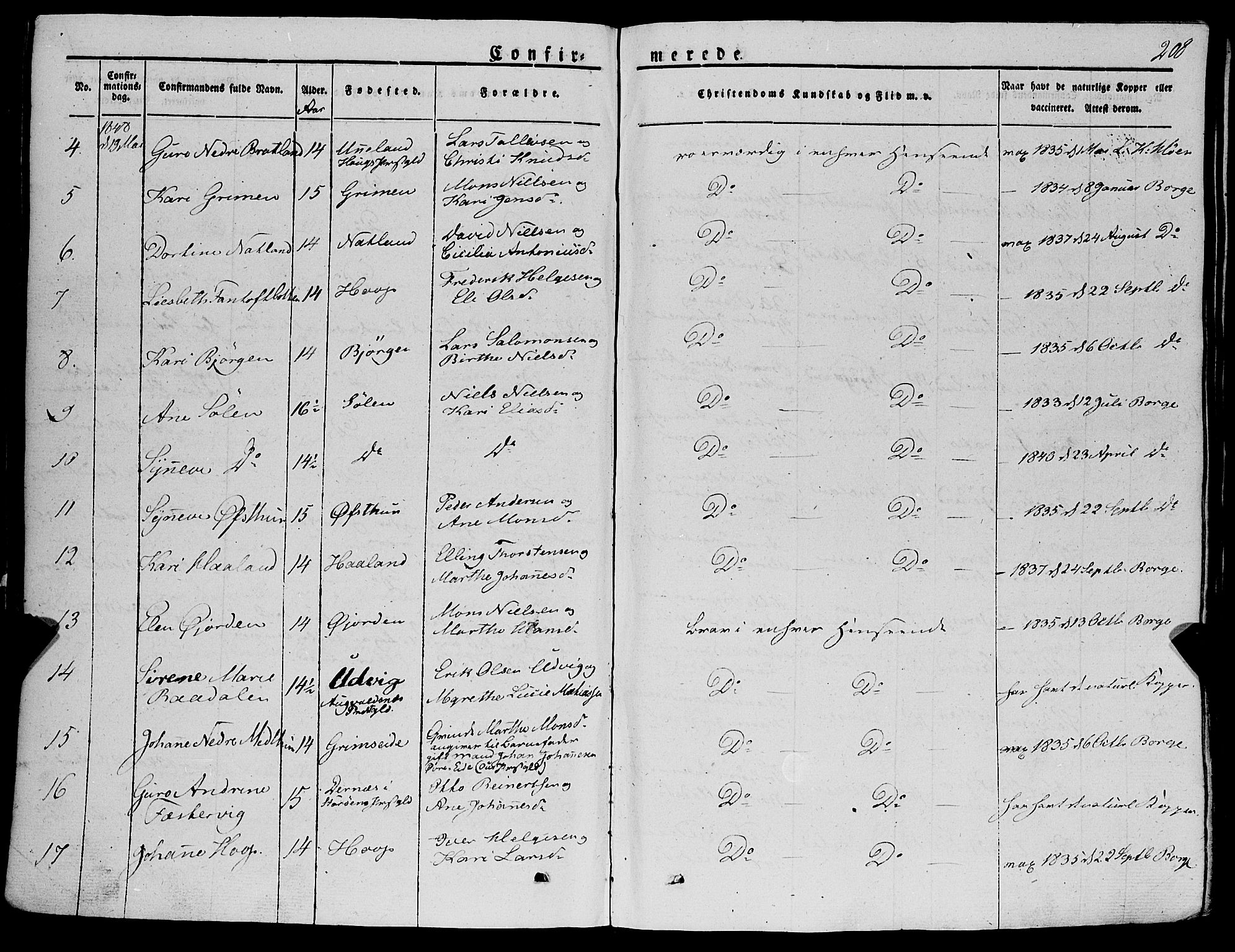 Fana Sokneprestembete, AV/SAB-A-75101/H/Haa/Haaa/L0008: Parish register (official) no. A 8, 1829-1851, p. 208