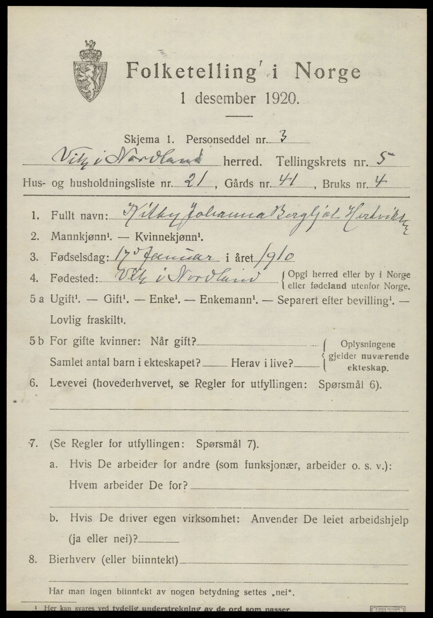 SAT, 1920 census for Vik, 1920, p. 3163