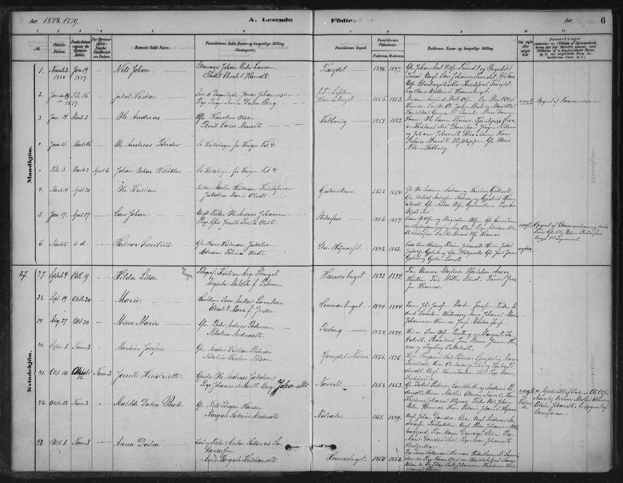 Ministerialprotokoller, klokkerbøker og fødselsregistre - Nordland, AV/SAT-A-1459/825/L0361: Parish register (official) no. 825A15, 1878-1893, p. 6