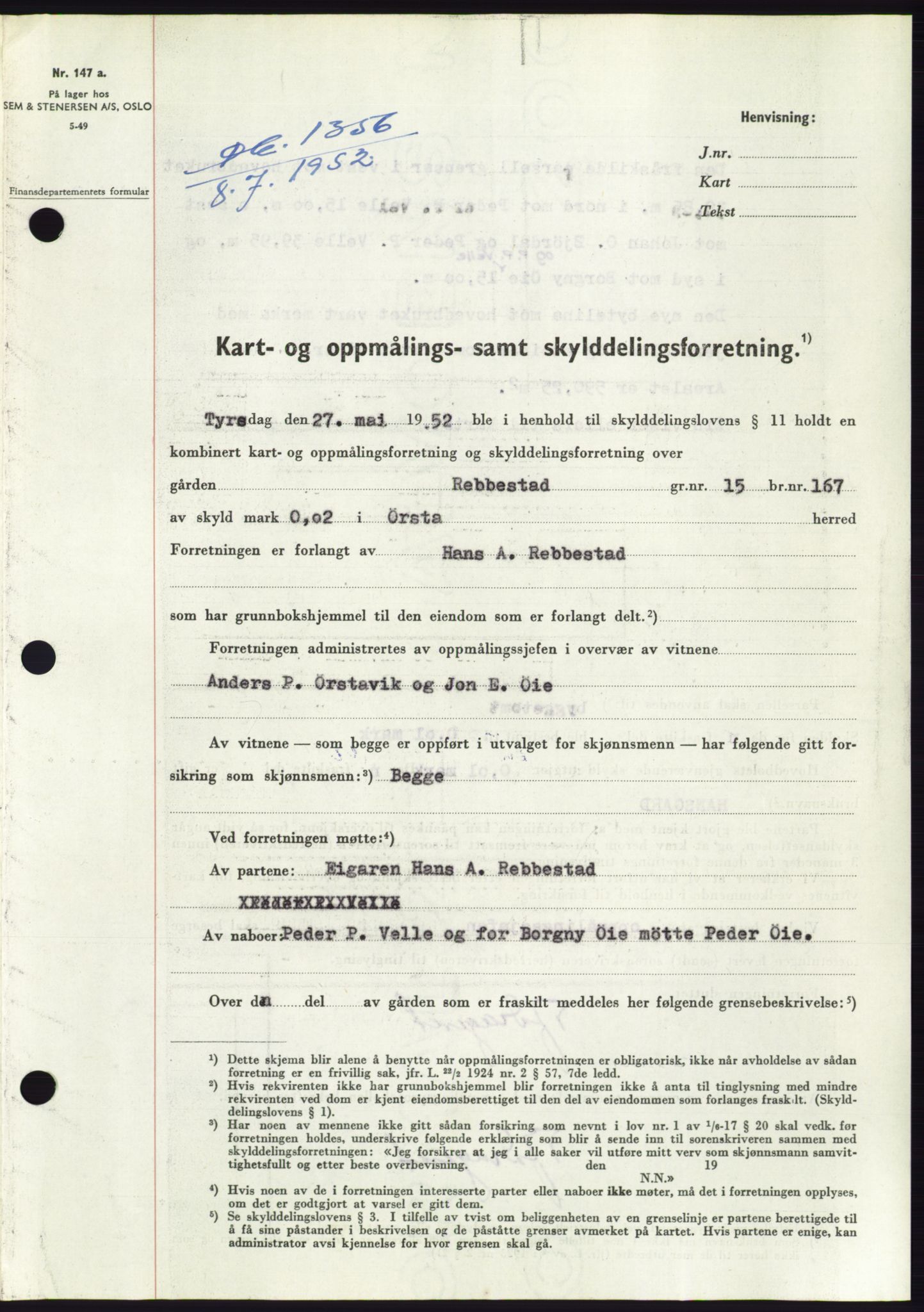 Søre Sunnmøre sorenskriveri, AV/SAT-A-4122/1/2/2C/L0092: Mortgage book no. 18A, 1952-1952, Diary no: : 1356/1952