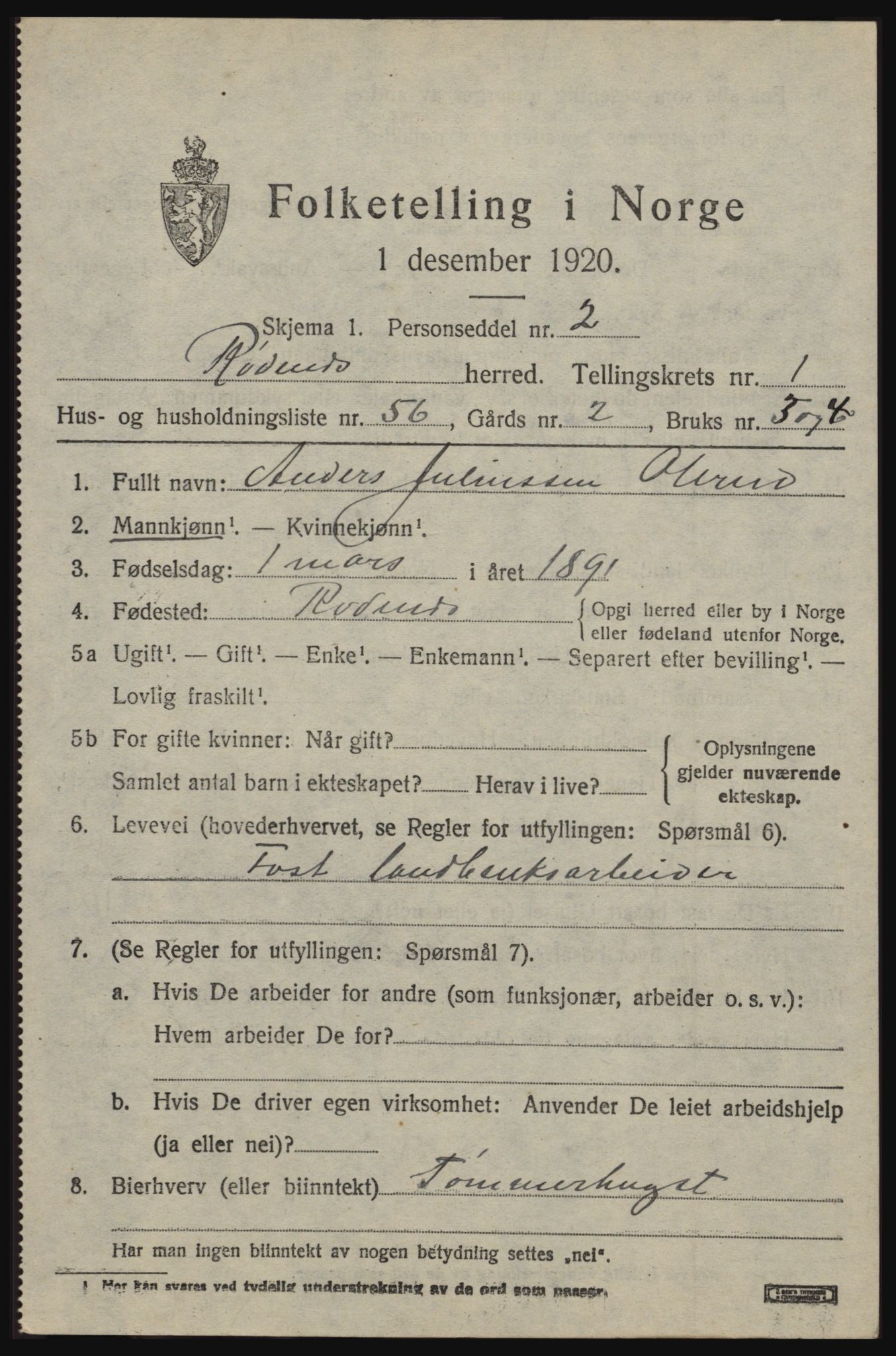 SAO, 1920 census for Rødenes, 1920, p. 1094