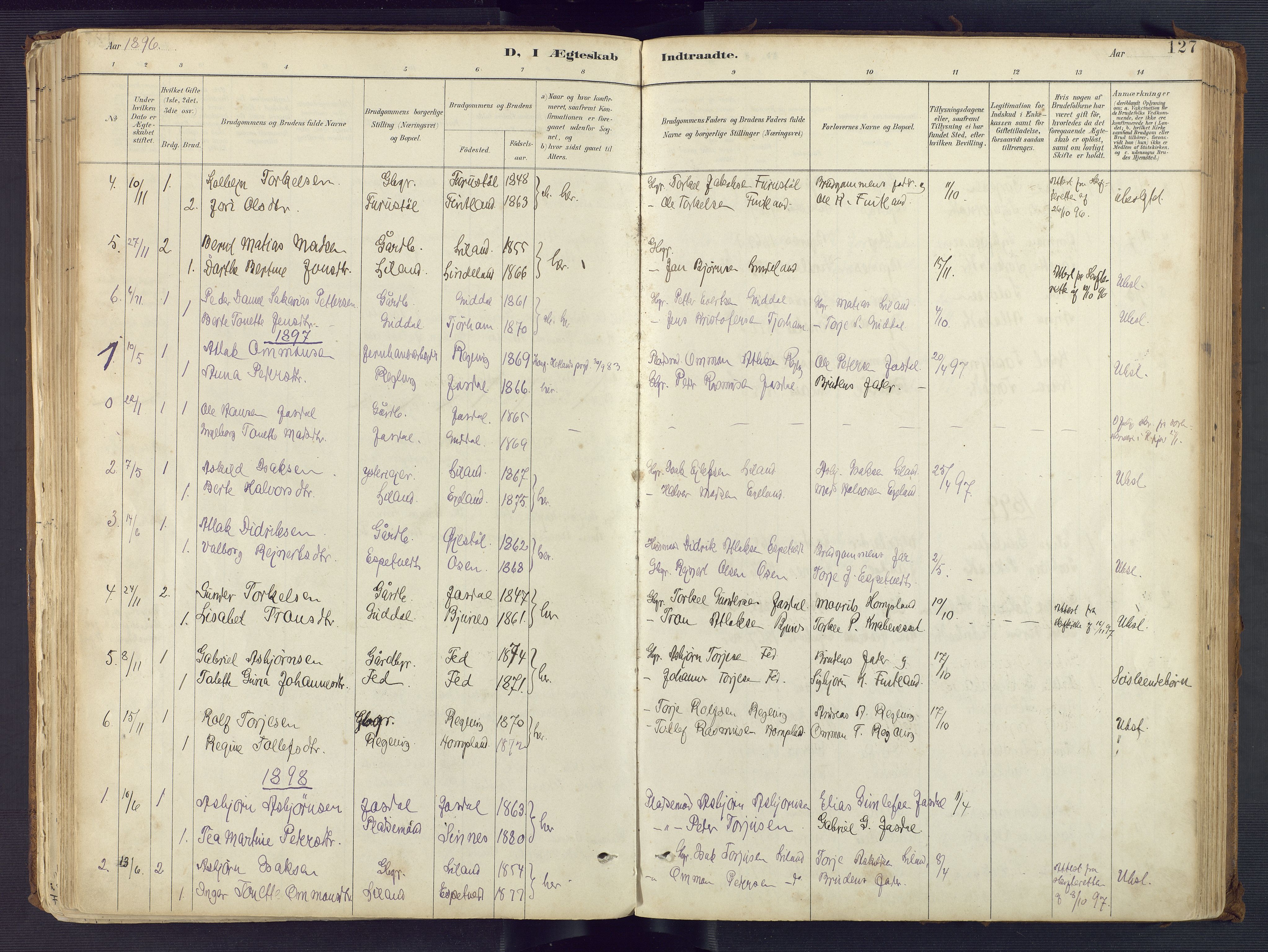 Sirdal sokneprestkontor, AV/SAK-1111-0036/F/Fa/Fab/L0004: Parish register (official) no. A 4, 1887-1919, p. 127