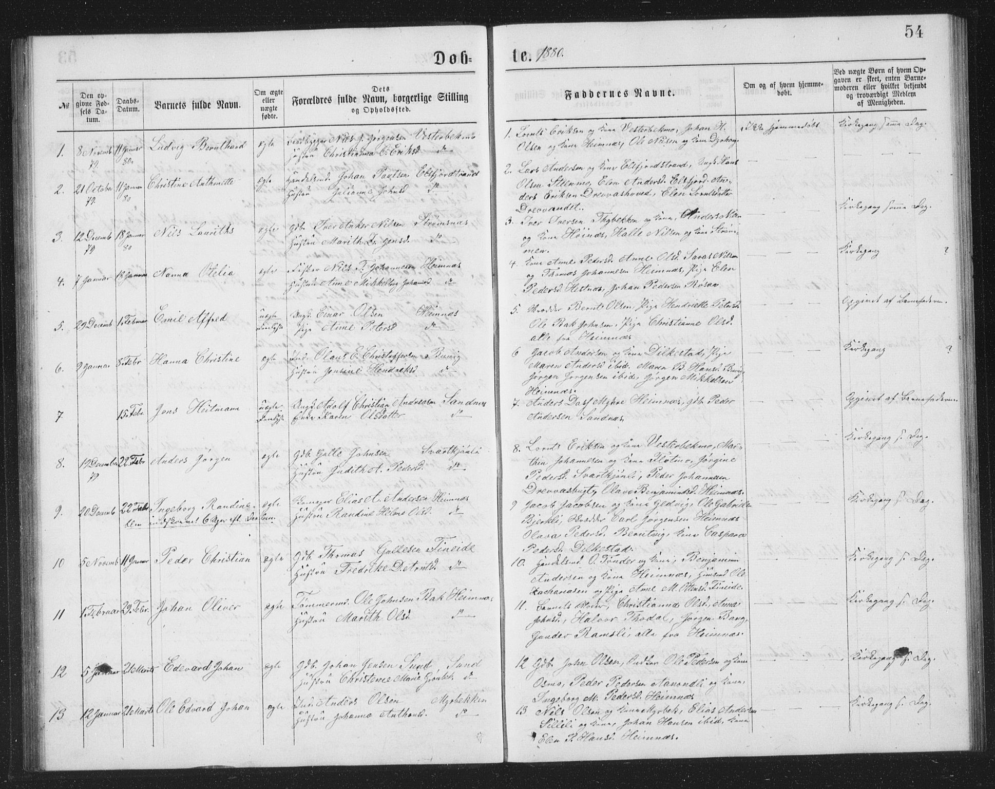 Ministerialprotokoller, klokkerbøker og fødselsregistre - Nordland, SAT/A-1459/825/L0369: Parish register (copy) no. 825C06, 1873-1885, p. 54