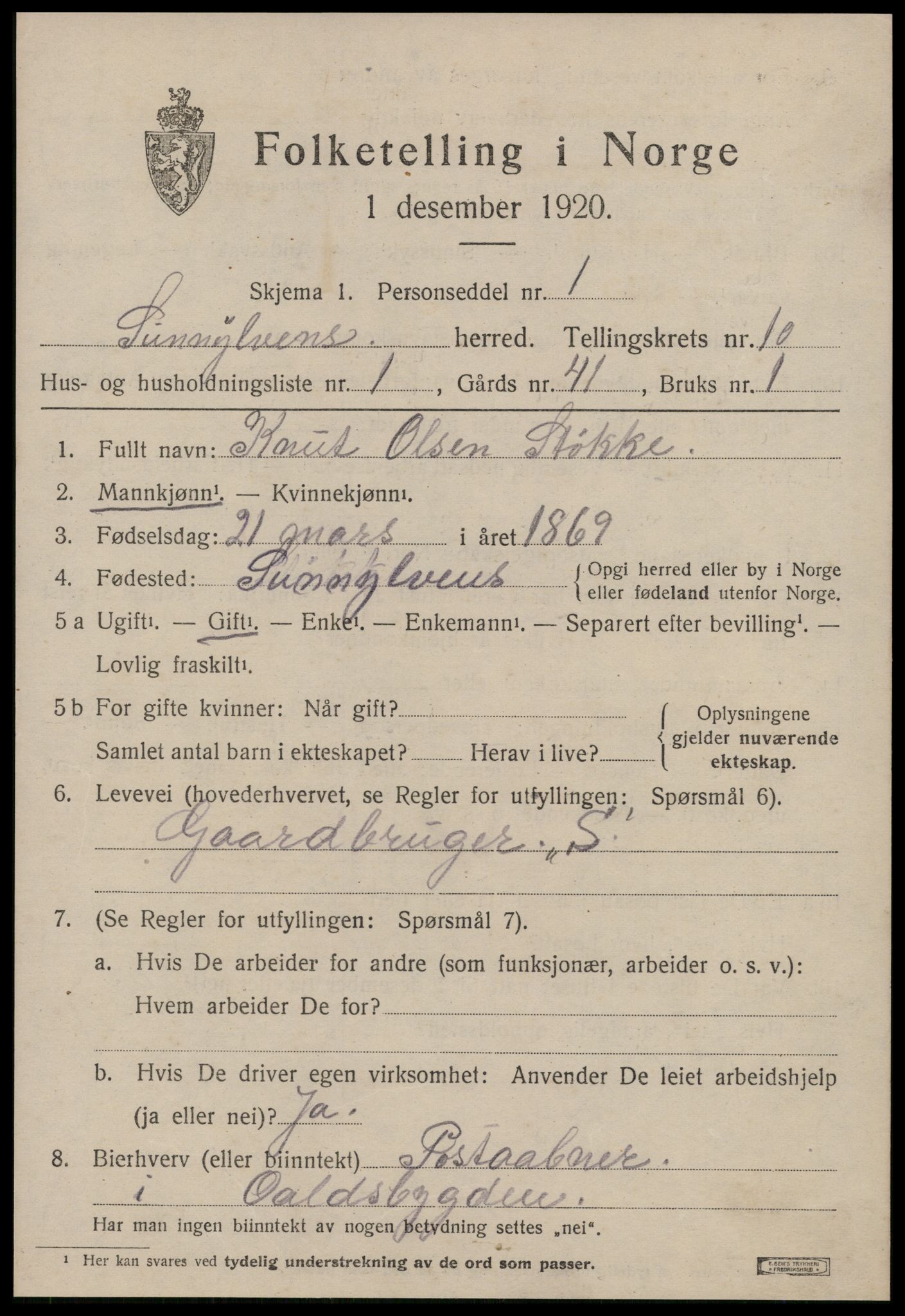 SAT, 1920 census for Sunnylven, 1920, p. 3022