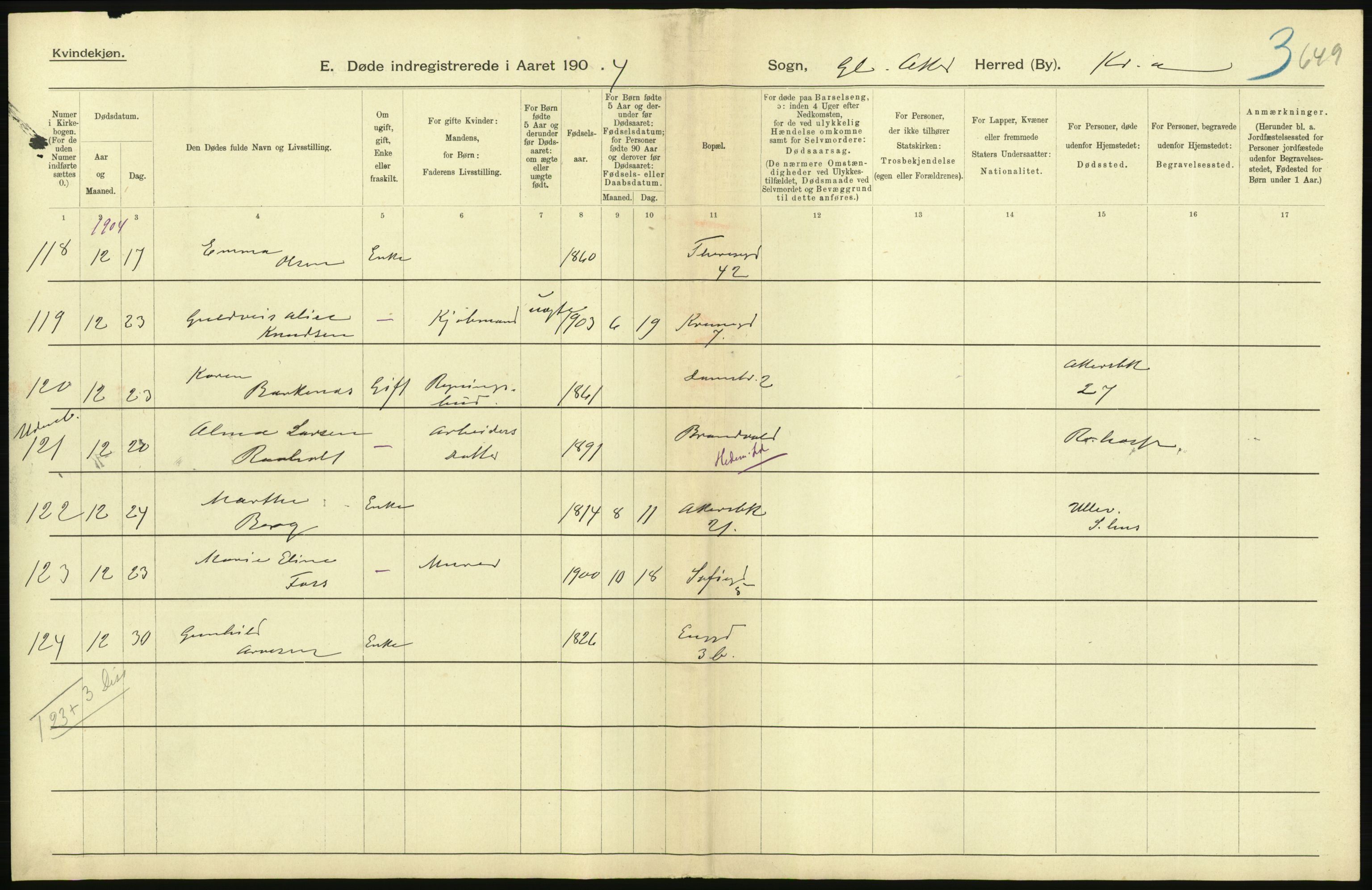 Statistisk sentralbyrå, Sosiodemografiske emner, Befolkning, AV/RA-S-2228/D/Df/Dfa/Dfab/L0004: Kristiania: Gifte, døde, 1904, p. 357