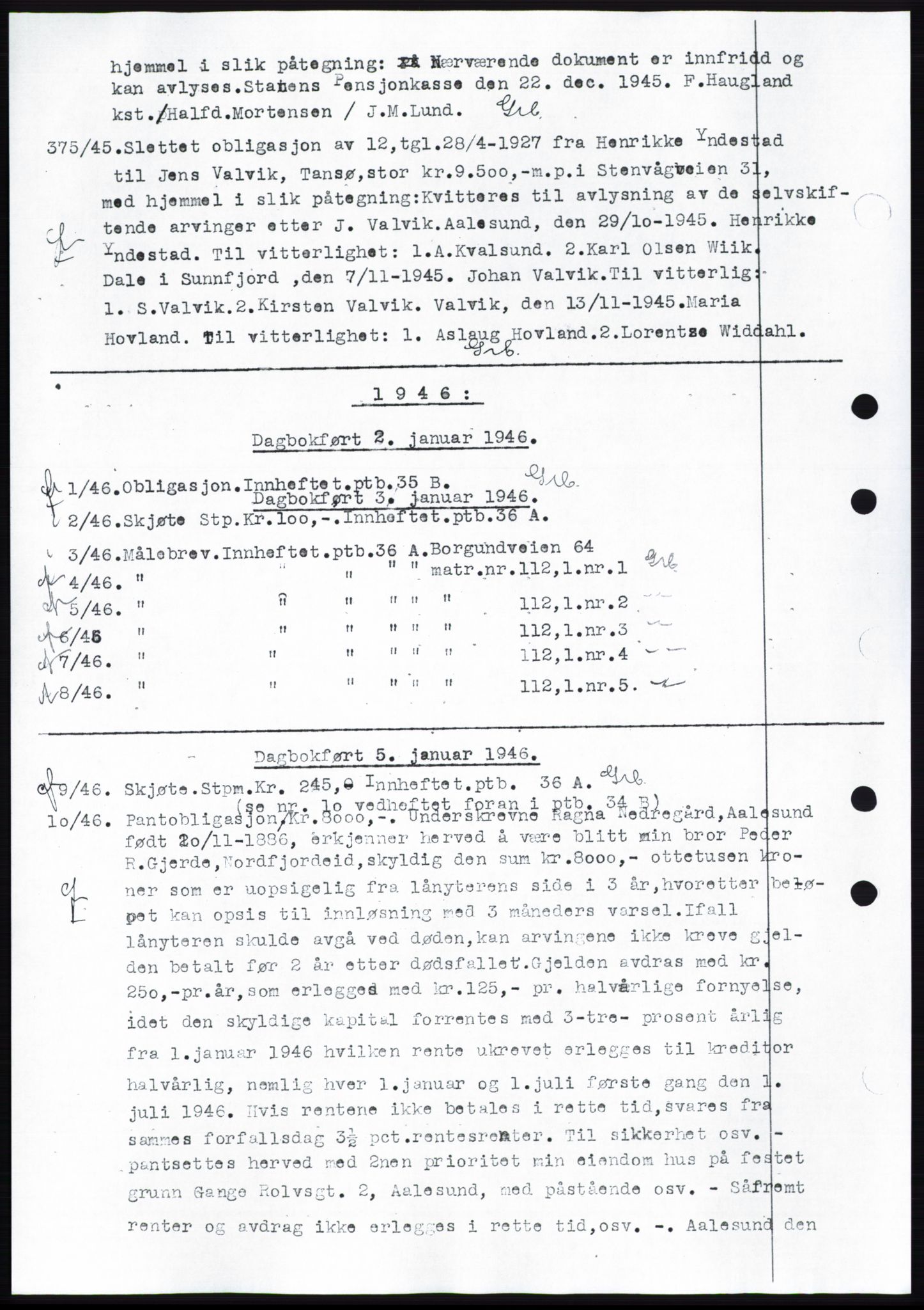 Ålesund byfogd, AV/SAT-A-4384: Mortgage book no. C34-35, 1946-1950, Diary no: : 1/1946